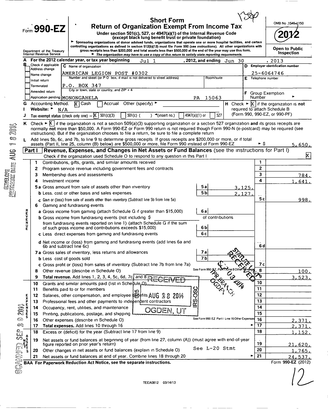 Image of first page of 2012 Form 990EZ for American Legion - 0302 Frank Downer