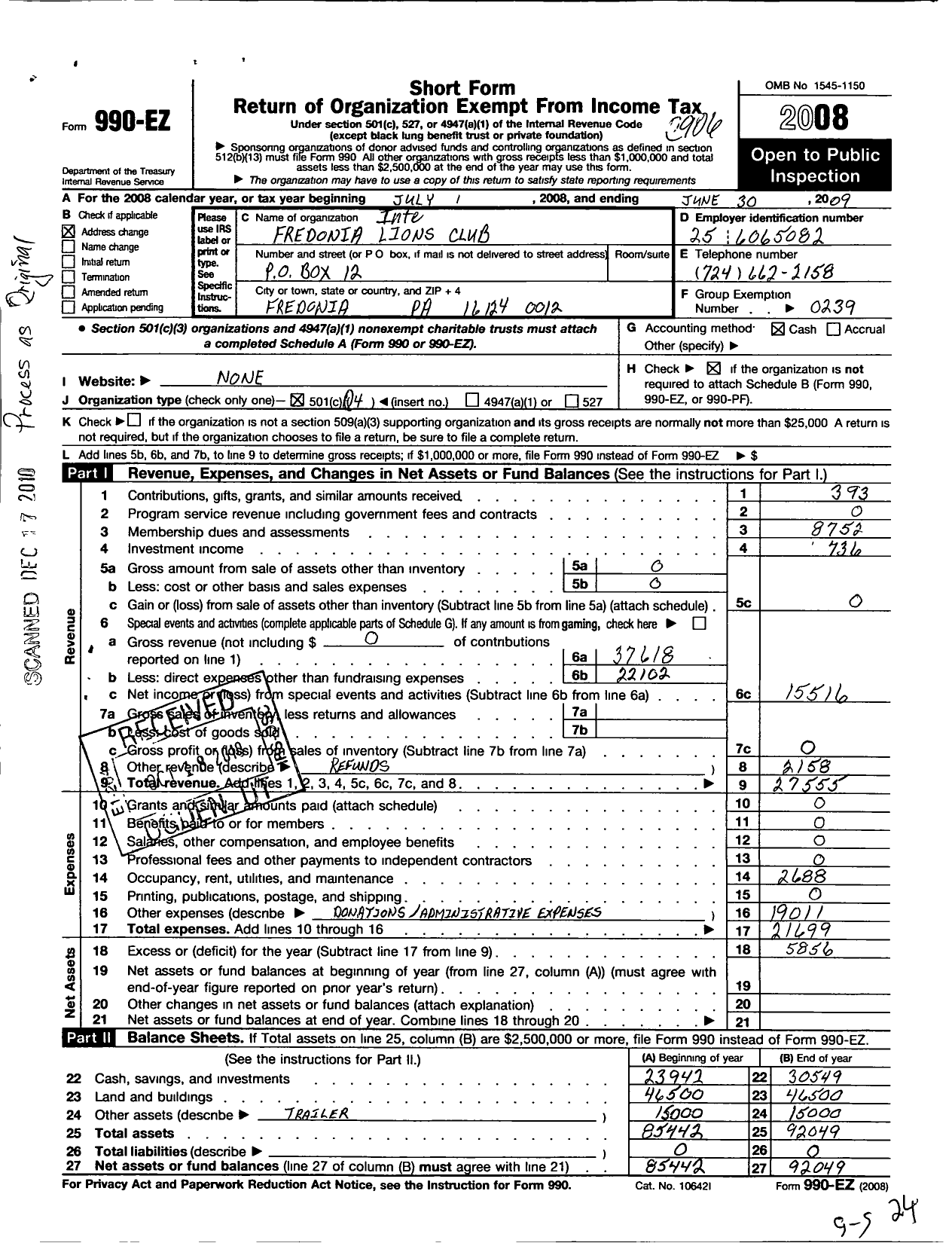 Image of first page of 2008 Form 990EO for Lions Clubs - 5964 Fredonia