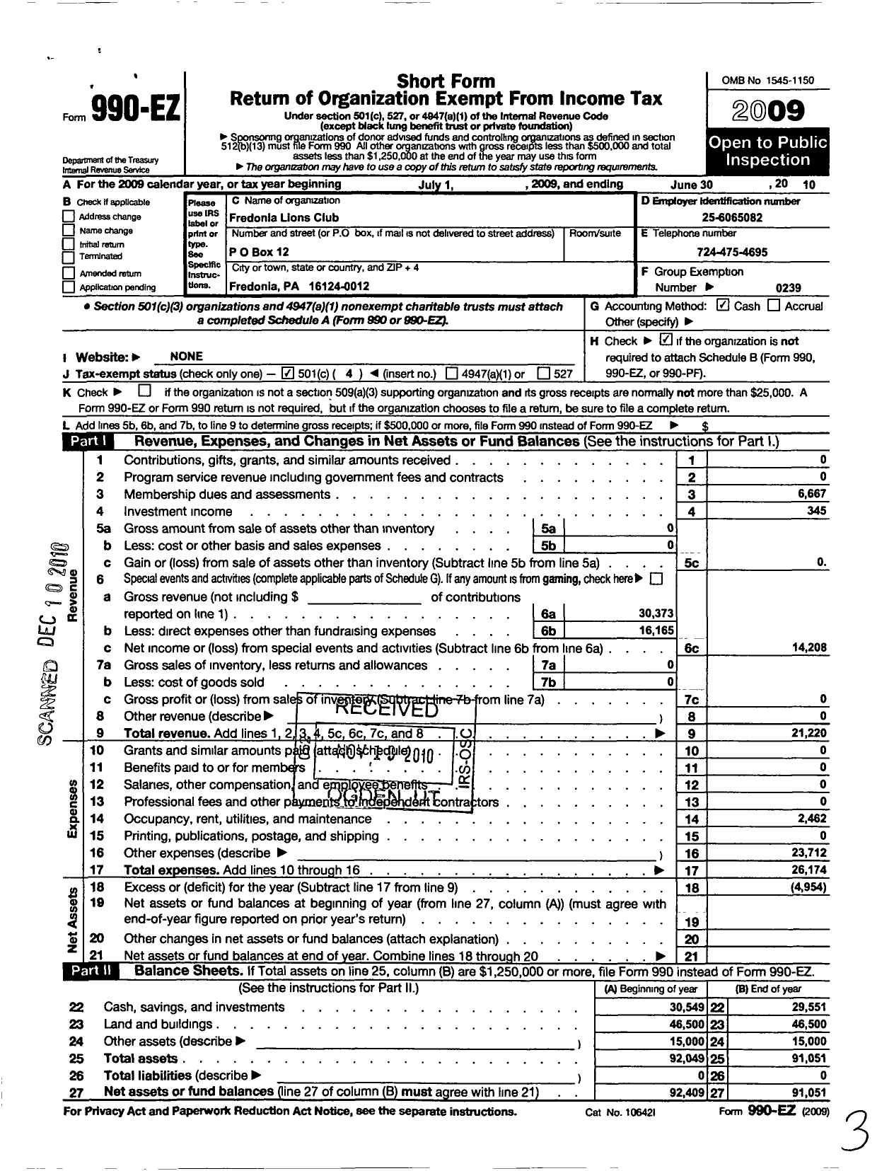 Image of first page of 2009 Form 990EO for Lions Clubs - 5964 Fredonia