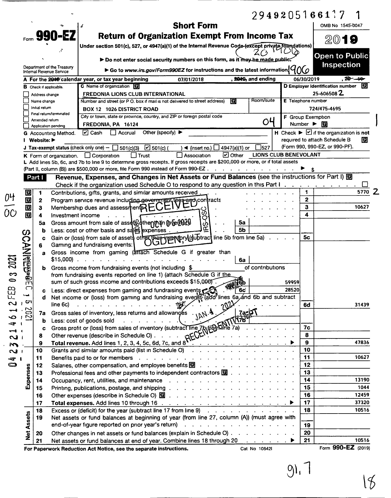 Image of first page of 2018 Form 990EO for Lions Clubs - 5964 Fredonia