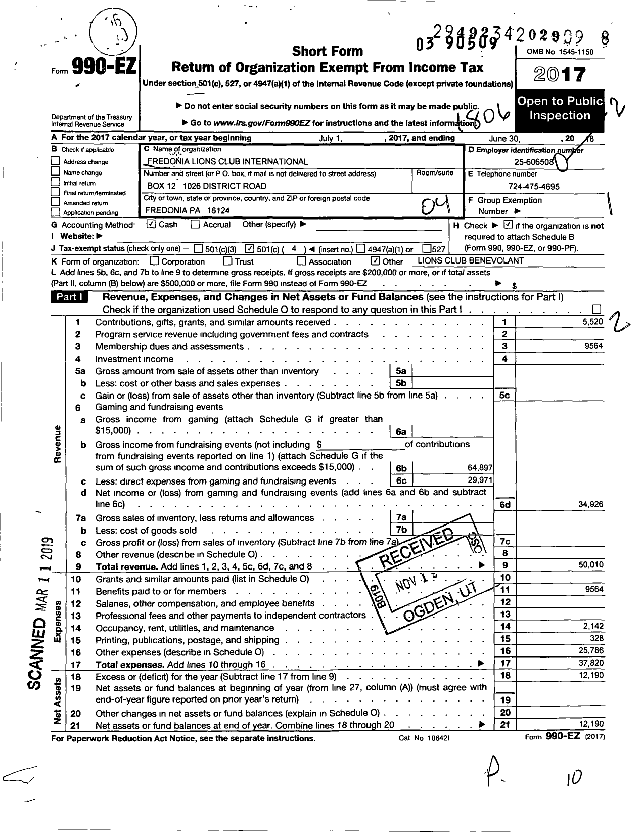 Image of first page of 2017 Form 990EO for Lions Clubs - 5964 Fredonia