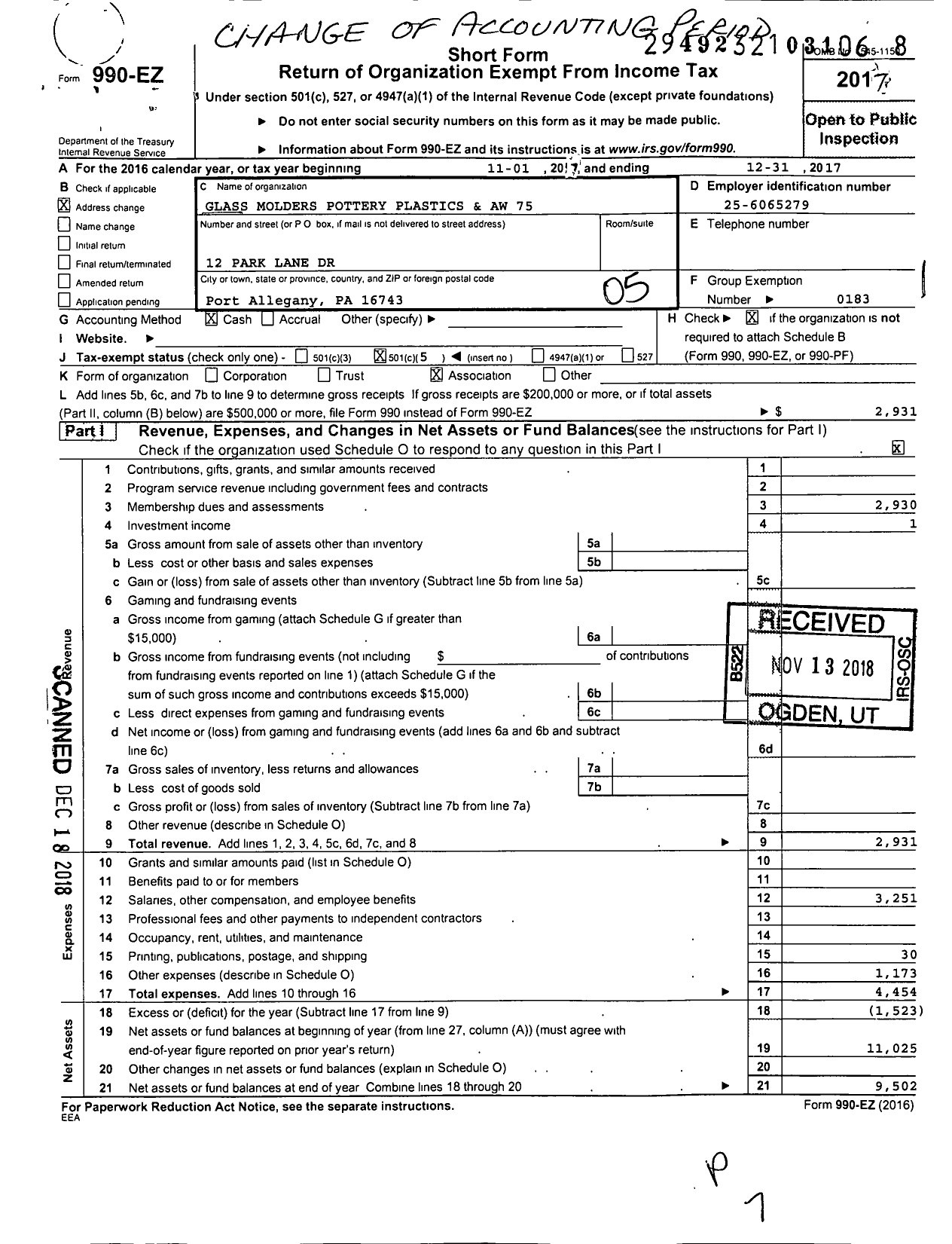 Image of first page of 2017 Form 990EO for United Steelworkers - 00075m Local