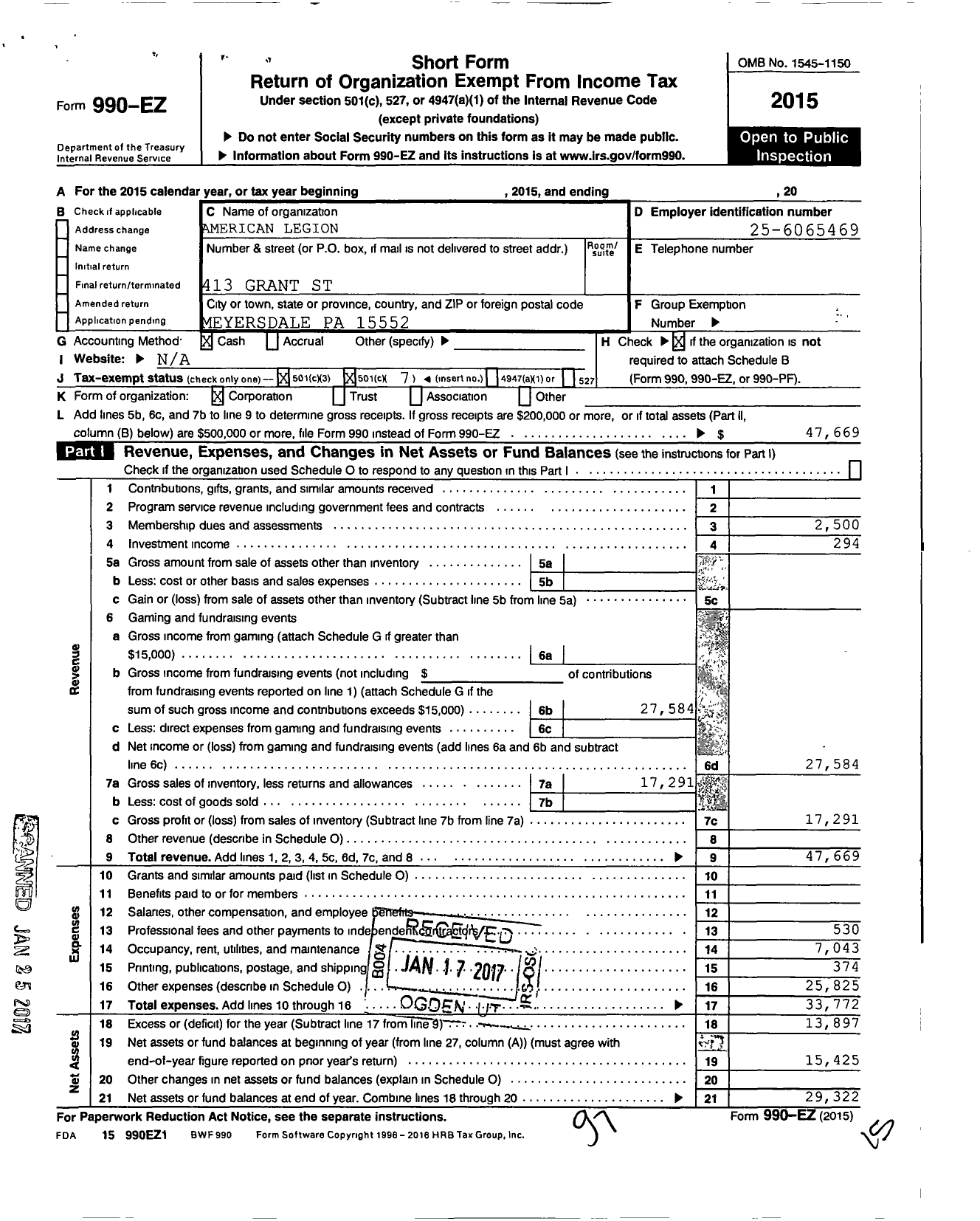 Image of first page of 2015 Form 990EO for American Legion - 112 Charles E Kelly