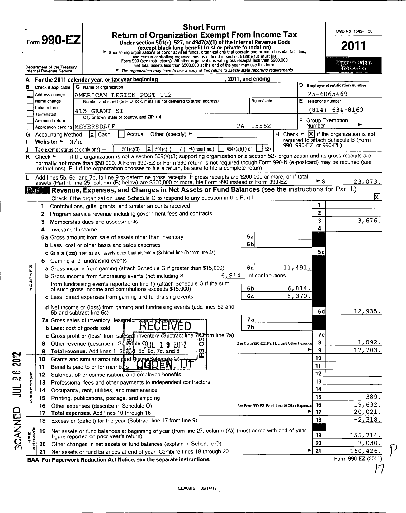 Image of first page of 2011 Form 990EO for American Legion - 112 Charles E Kelly