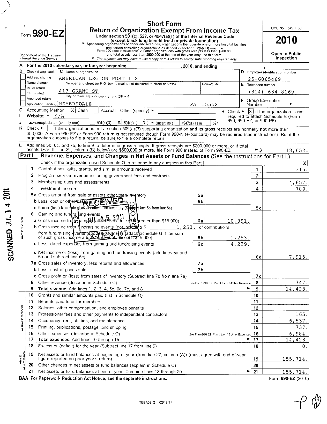 Image of first page of 2010 Form 990EO for American Legion - 112 Charles E Kelly