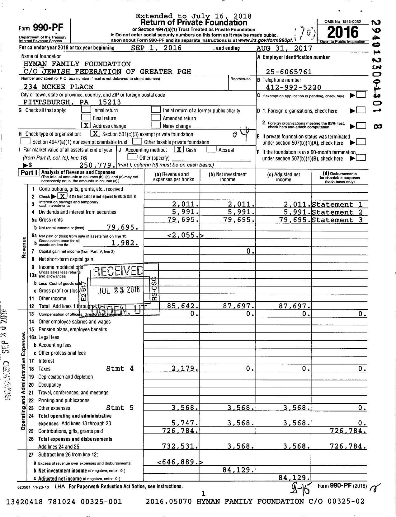 Image of first page of 2016 Form 990PF for Hyman Family Foundation