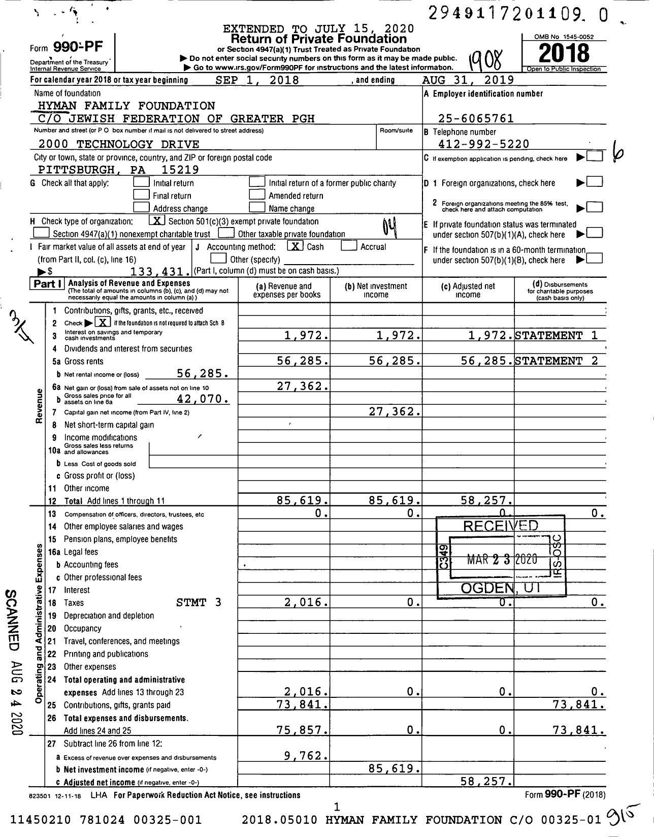 Image of first page of 2018 Form 990PR for Hyman Family Foundation