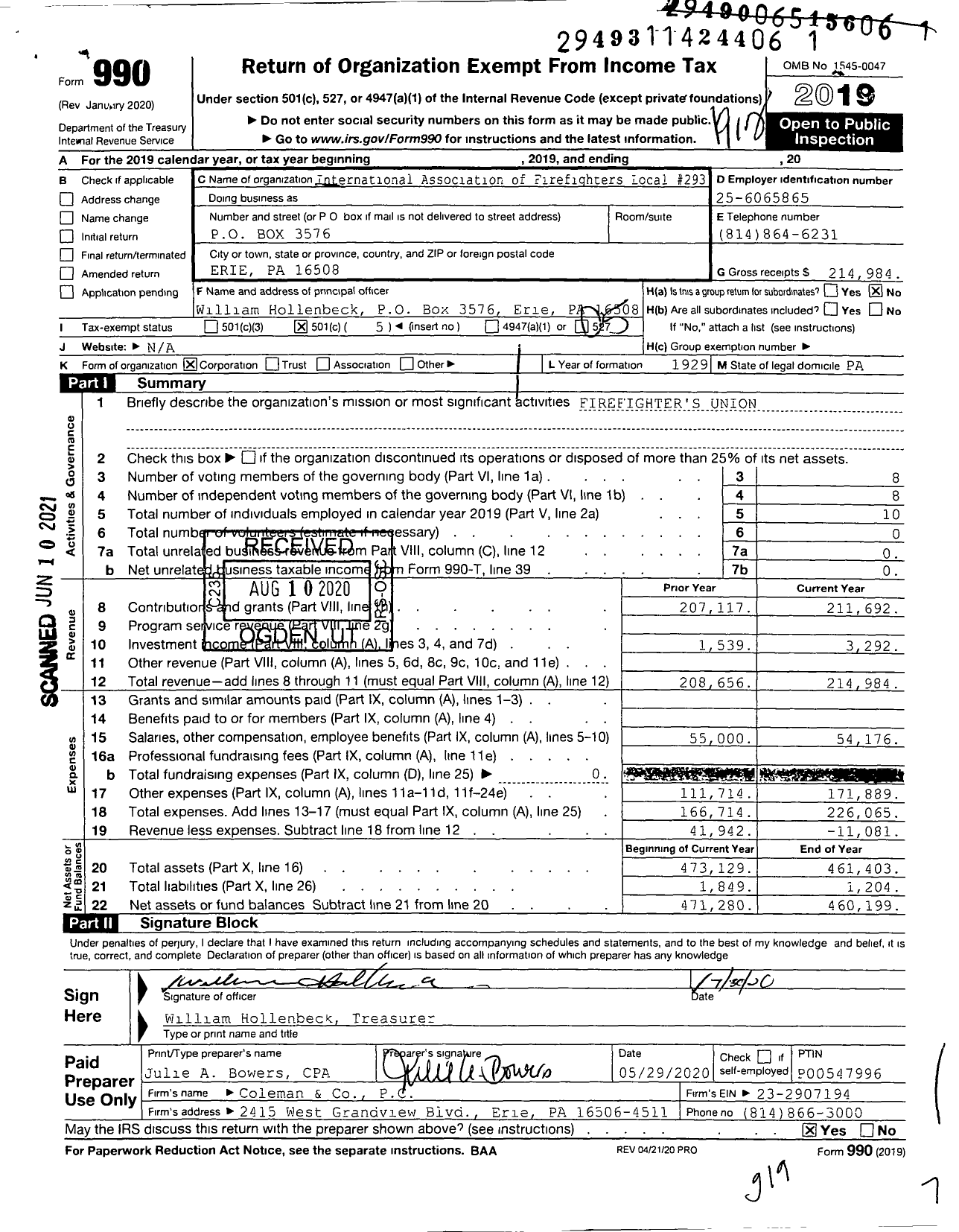 Image of first page of 2019 Form 990O for International Association of Fire Fighters - L0293 Erie