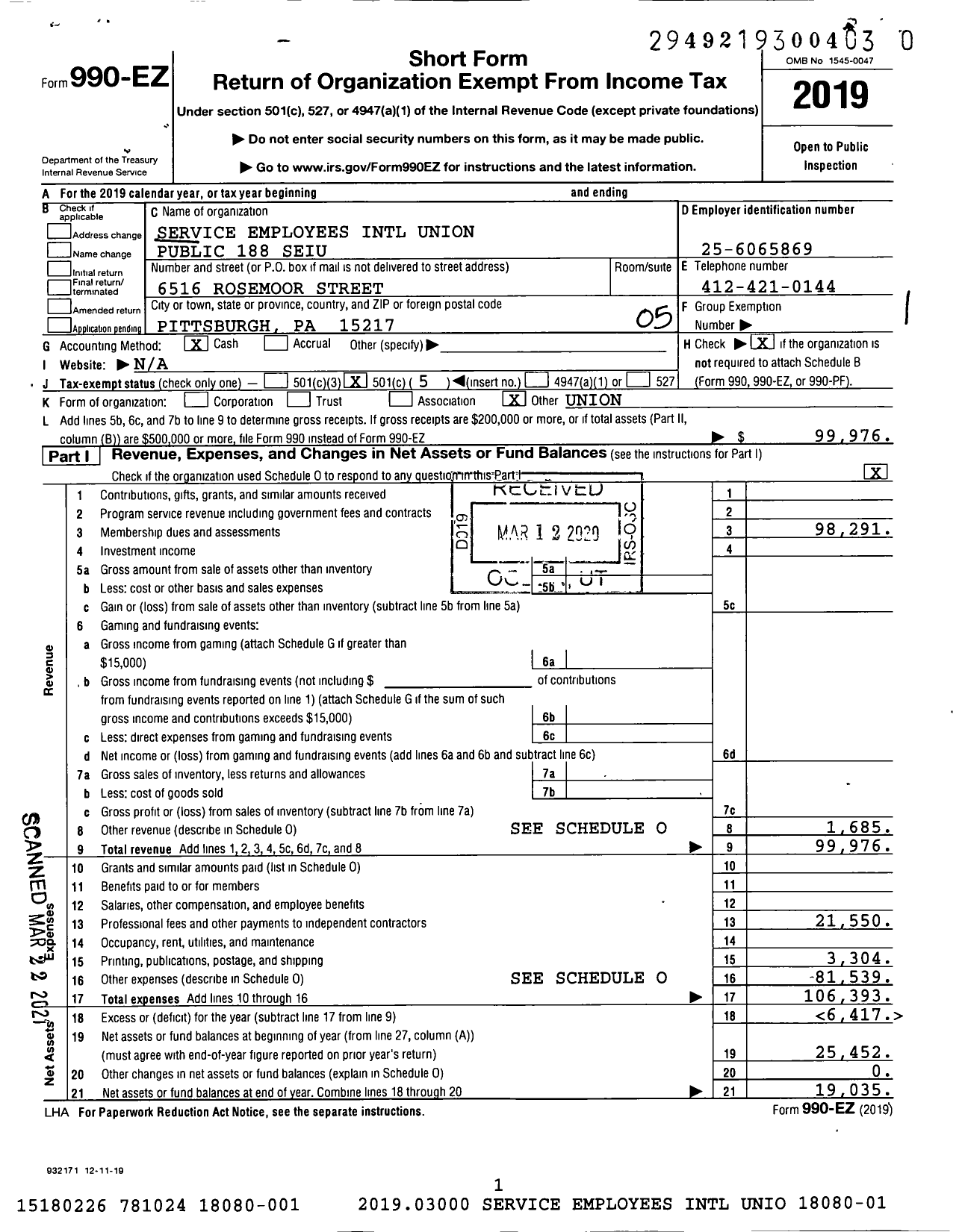 Image of first page of 2019 Form 990EO for Service Employees International Union - 188 Seiu