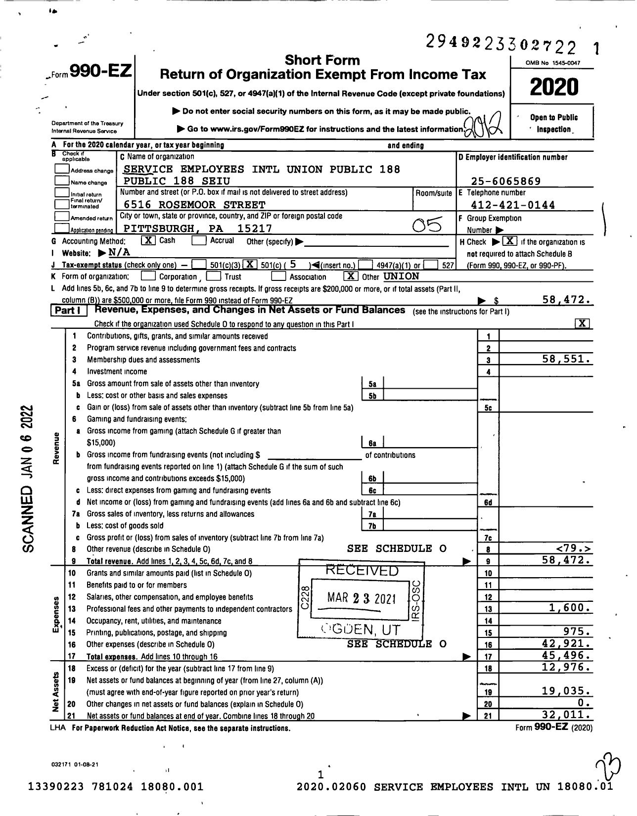 Image of first page of 2020 Form 990EO for Service Employees International Union - 188 Seiu