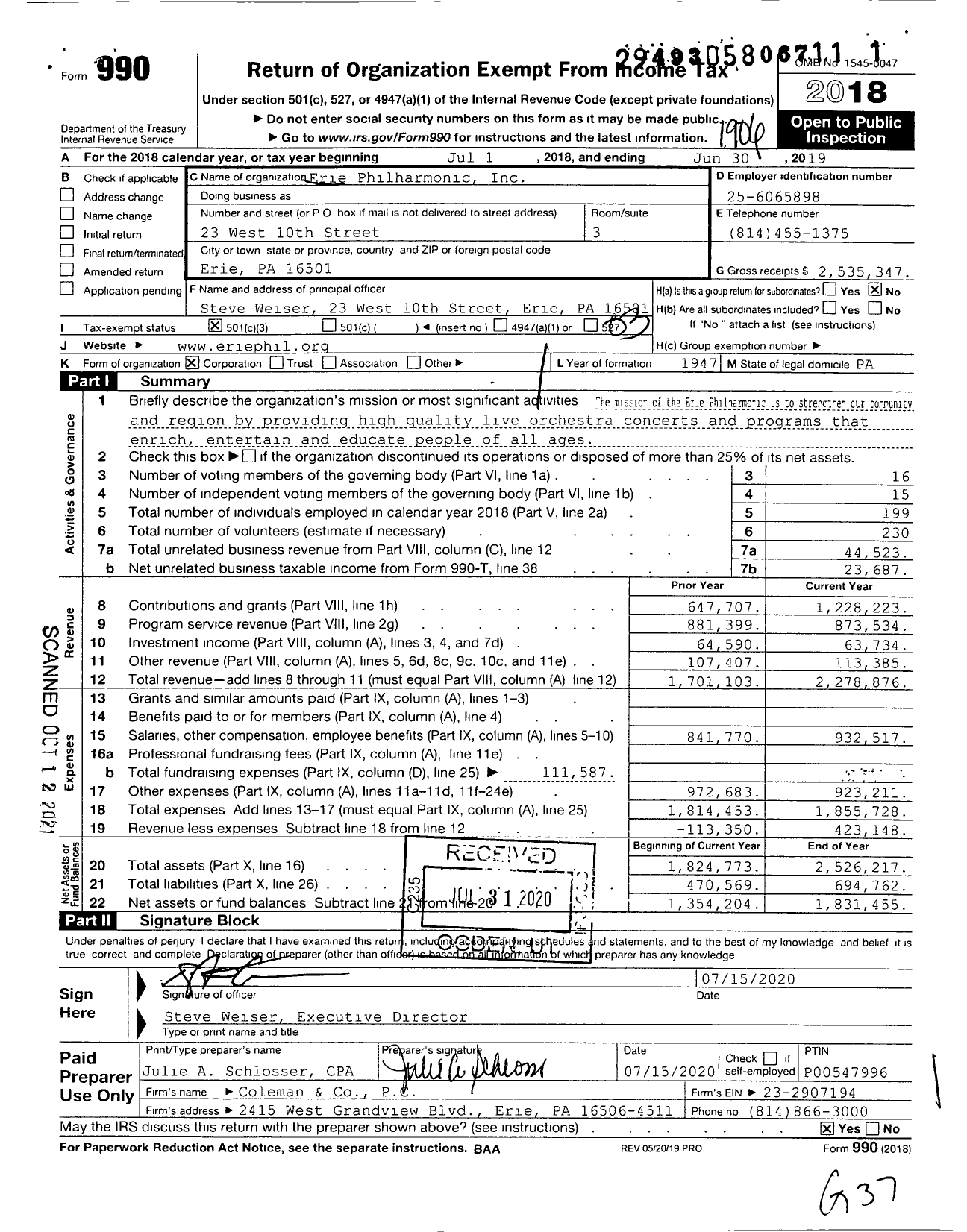 Image of first page of 2018 Form 990 for Erie Philharmonic