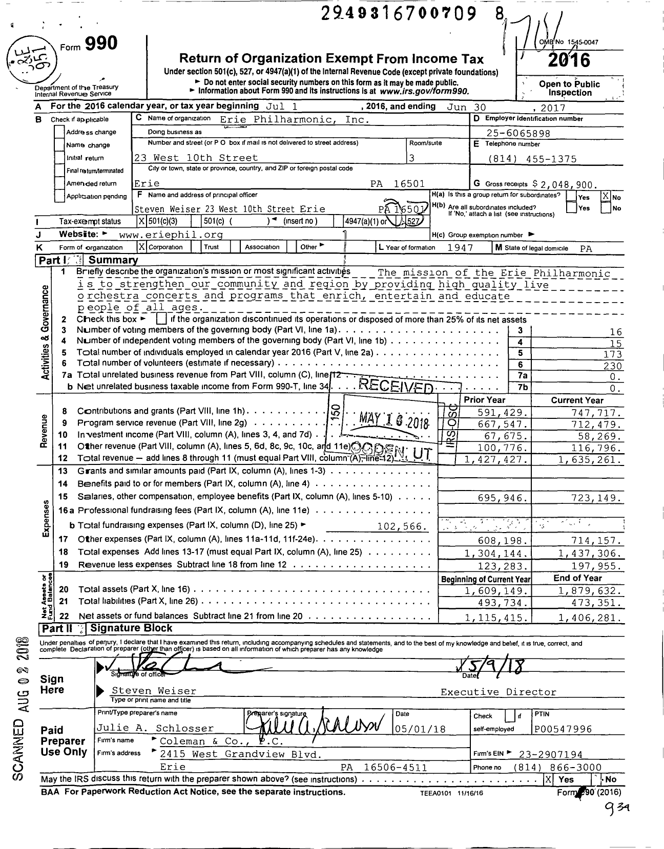 Image of first page of 2016 Form 990 for Erie Philharmonic