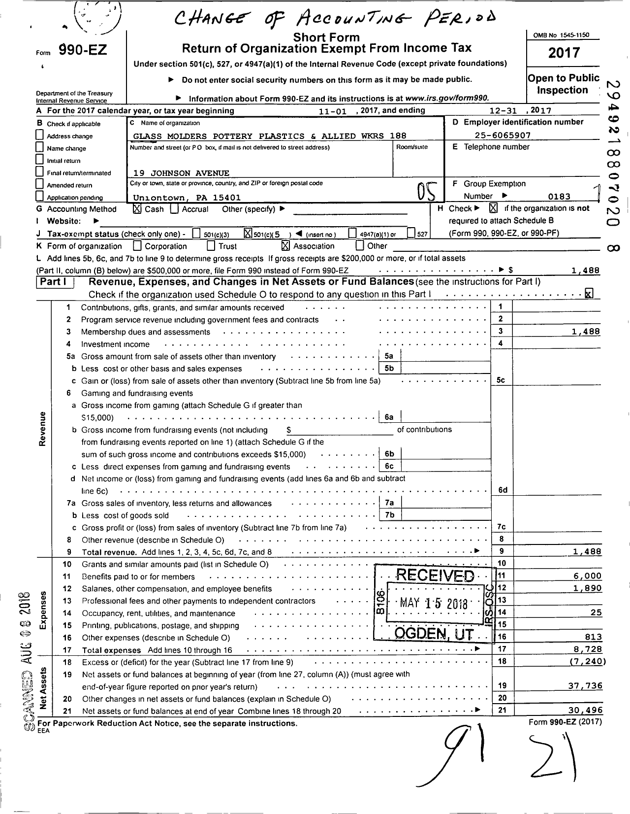 Image of first page of 2017 Form 990EO for United Steelworkers - 00188 M Local