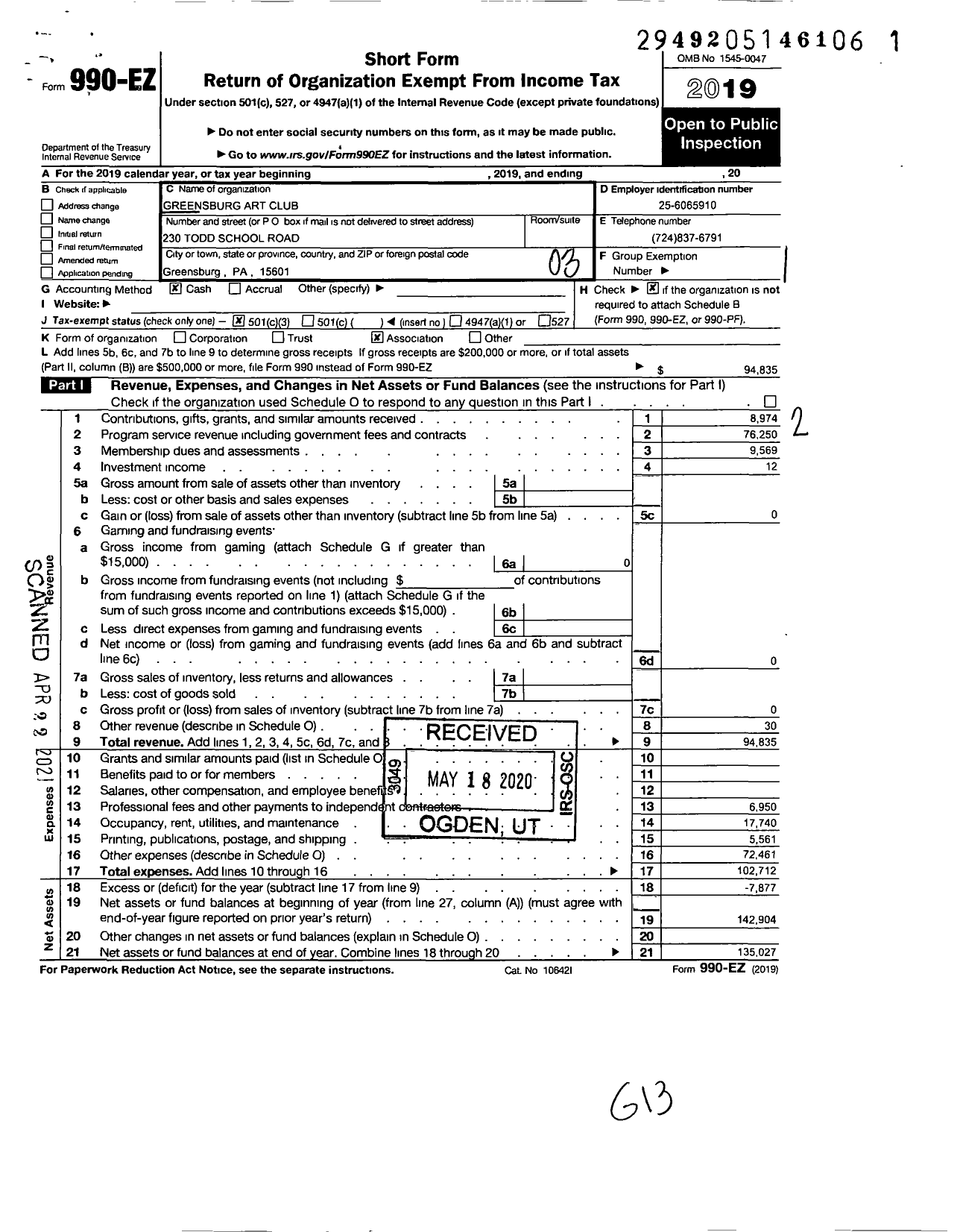 Image of first page of 2019 Form 990EZ for Greensburg Art Club