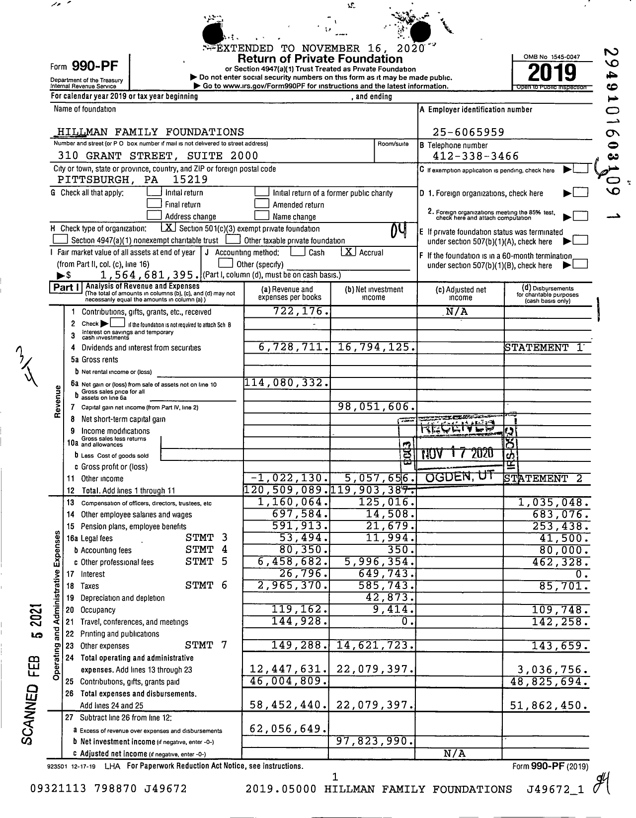 Image of first page of 2019 Form 990PA for Hillman Family Foundations