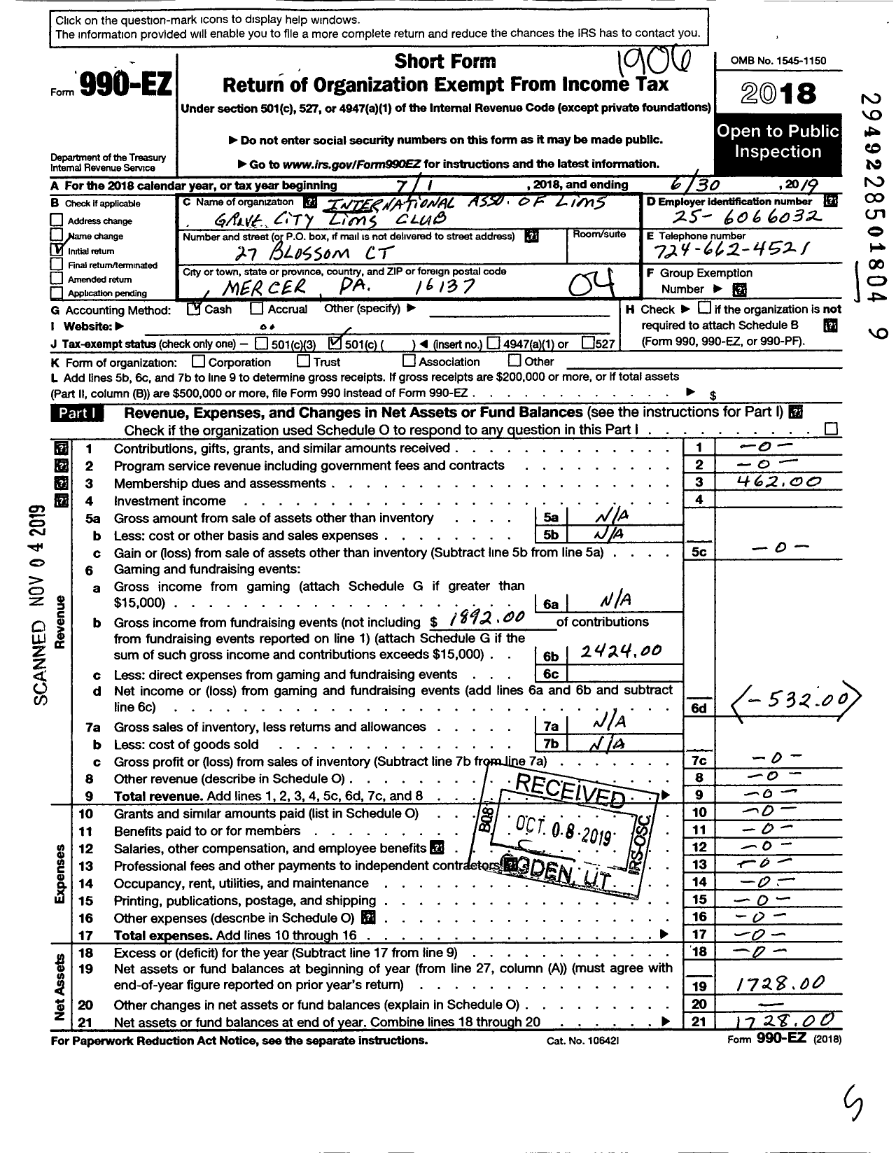 Image of first page of 2018 Form 990EO for Lions Clubs - 5966 GROVE CITY