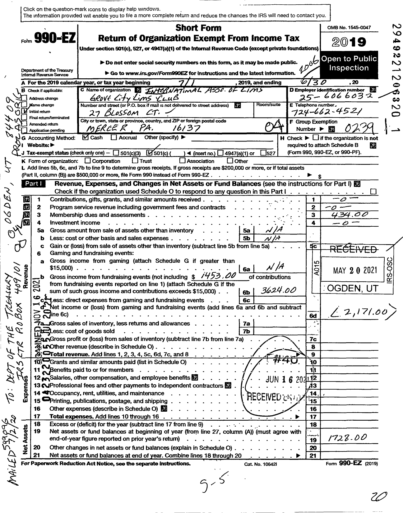 Image of first page of 2019 Form 990EO for Lions Clubs - 5966 GROVE CITY