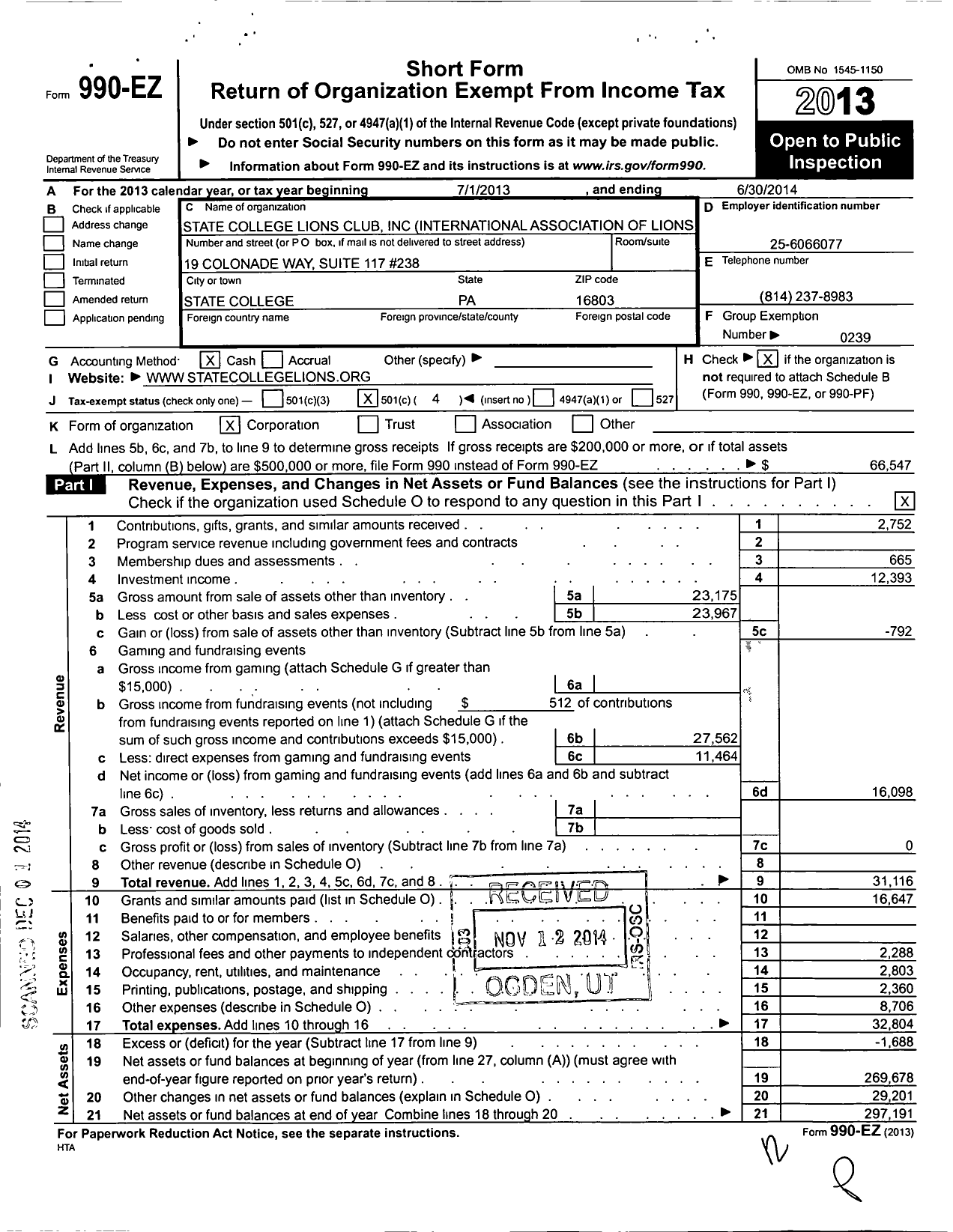 Image of first page of 2013 Form 990EO for State College Lions Club International Association of Lions