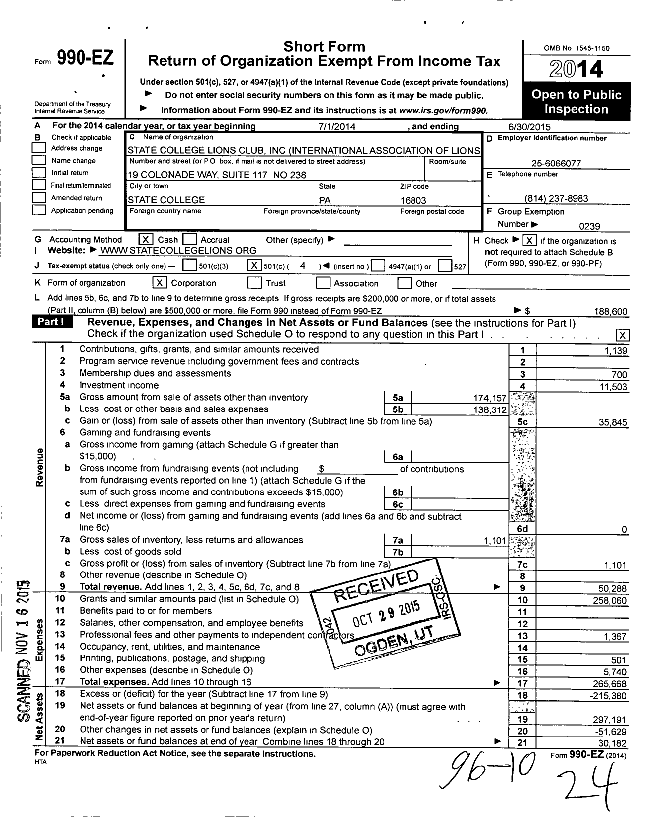 Image of first page of 2014 Form 990EO for State College Lions Club International Association of Lions