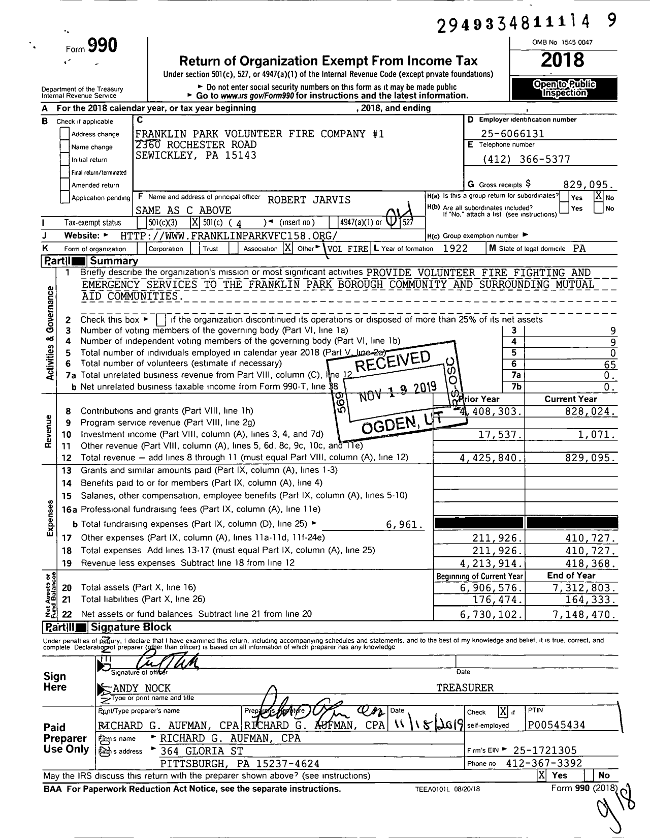 Image of first page of 2018 Form 990O for Franklin Park Volunteer Fire Company No 1