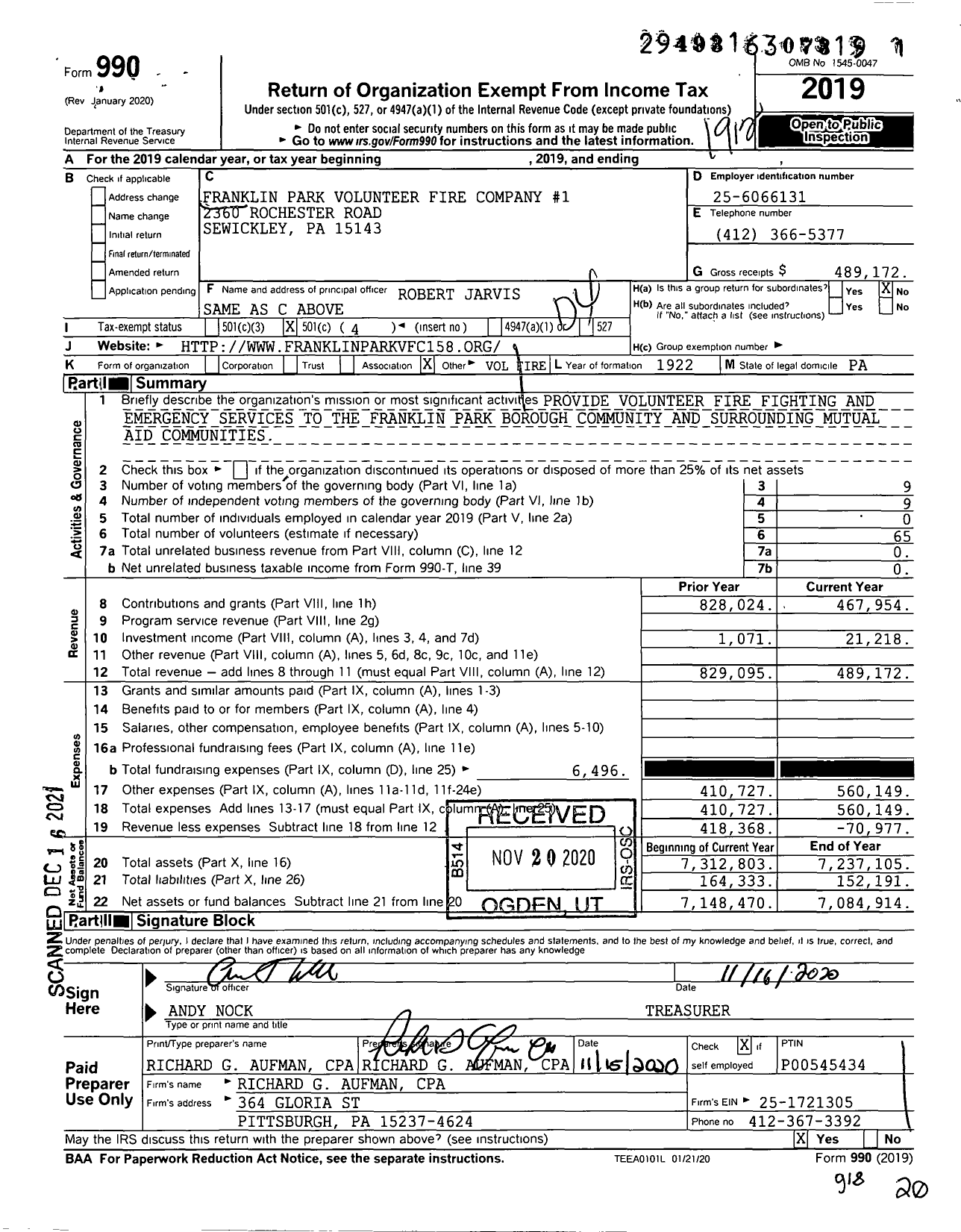 Image of first page of 2019 Form 990O for Franklin Park Volunteer Fire Company No 1