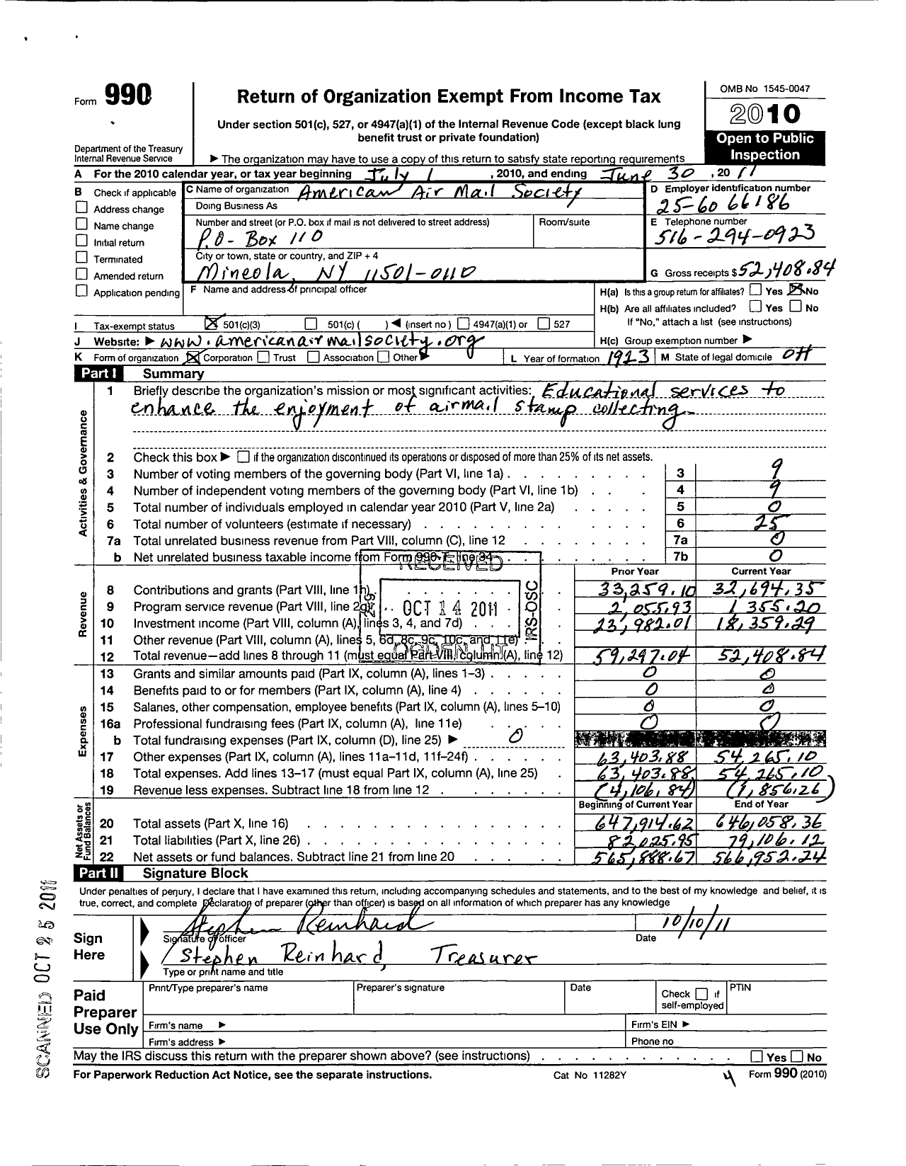 Image of first page of 2010 Form 990 for American Air Mail Society