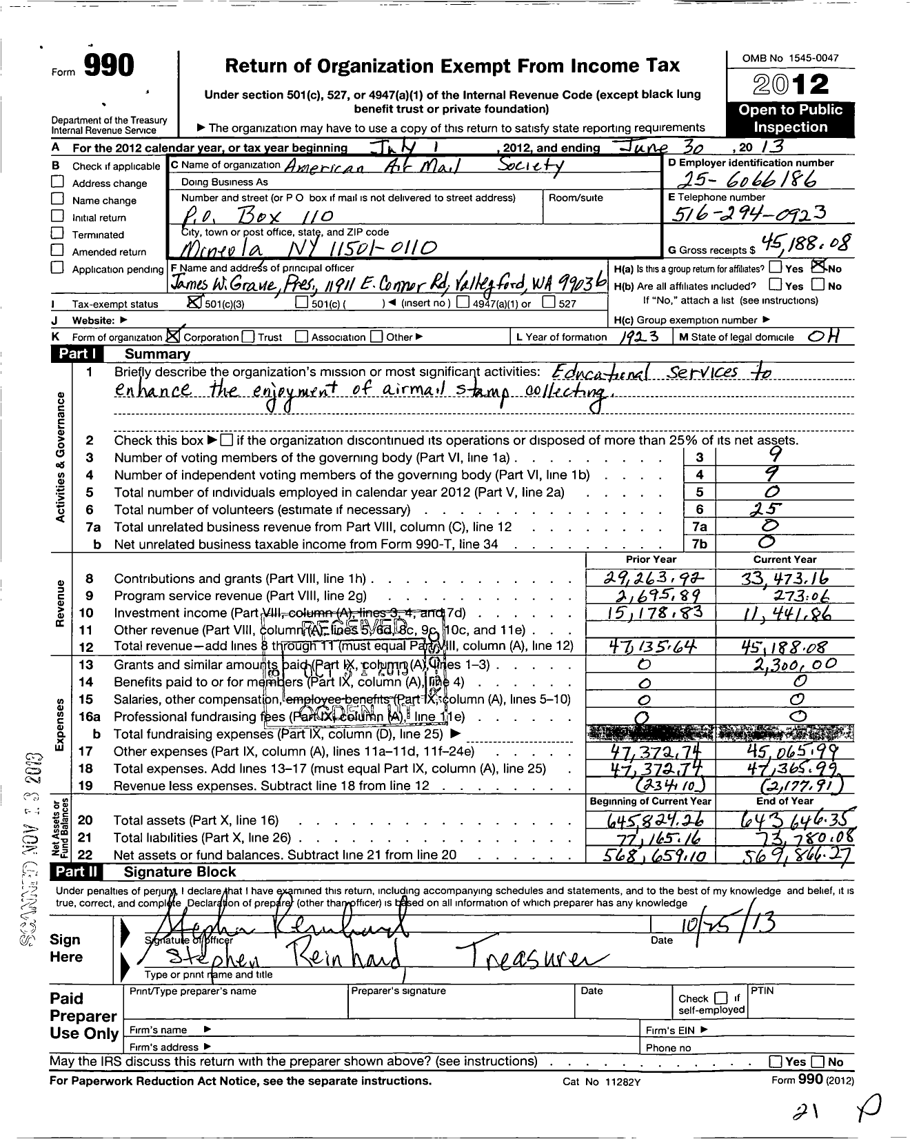 Image of first page of 2012 Form 990 for American Air Mail Society