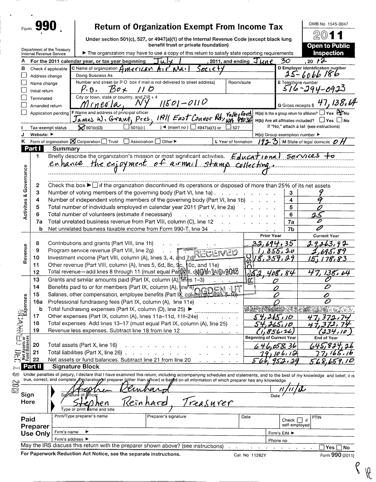 Image of first page of 2011 Form 990 for American Air Mail Society