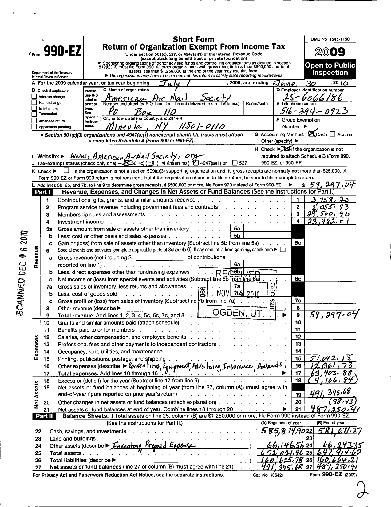 Image of first page of 2009 Form 990EZ for American Air Mail Society