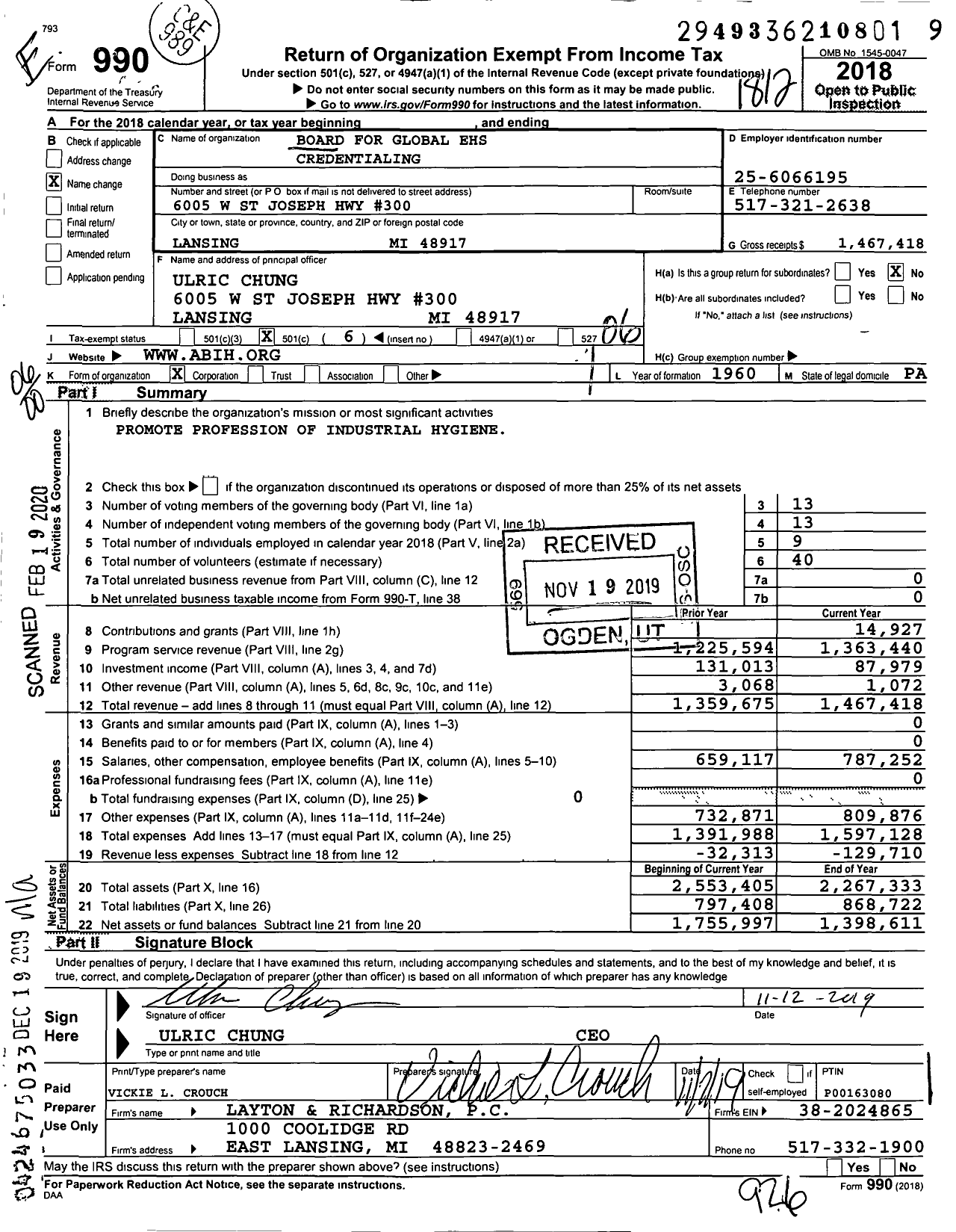 Image of first page of 2018 Form 990O for Board for Global Ehs Credentialing (ABIH)