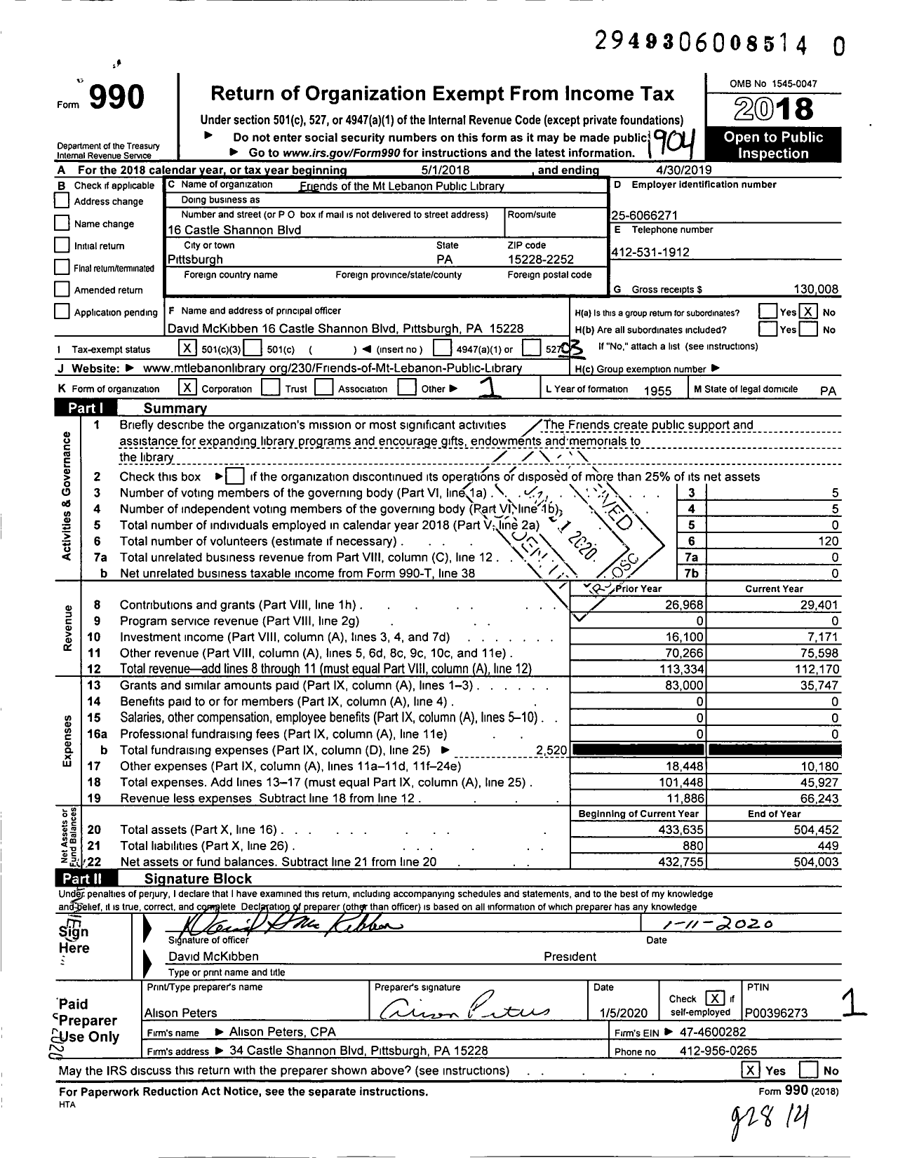 Image of first page of 2018 Form 990 for Friends of the Mt Lebanon Public Library