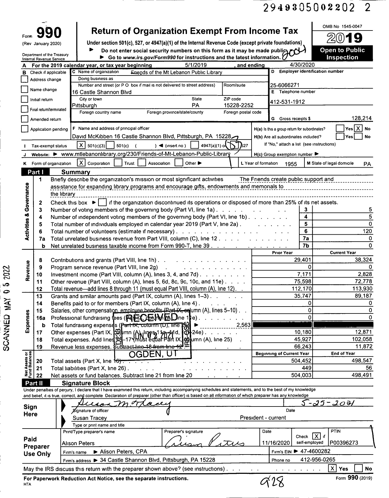 Image of first page of 2019 Form 990 for Friends of the Mt Lebanon Public Library