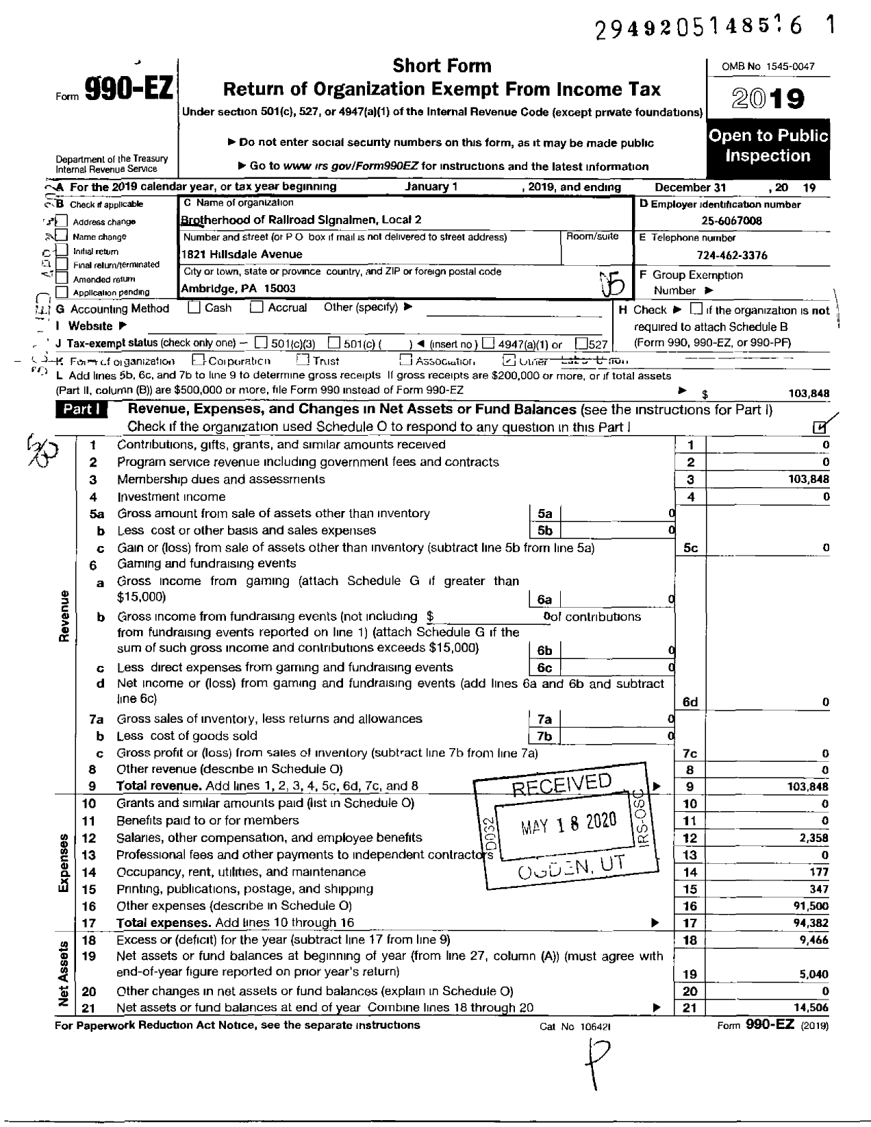 Image of first page of 2019 Form 990EO for Brotherhood of Railroad Signalmen - 2 Unity Local