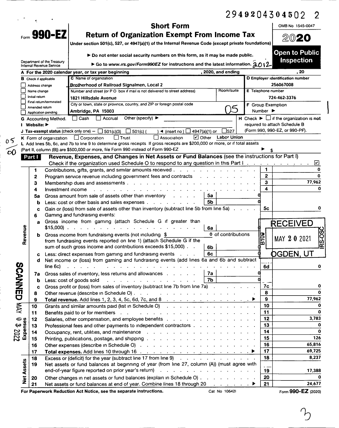 Image of first page of 2020 Form 990EO for Brotherhood of Railroad Signalmen - 2 Unity Local