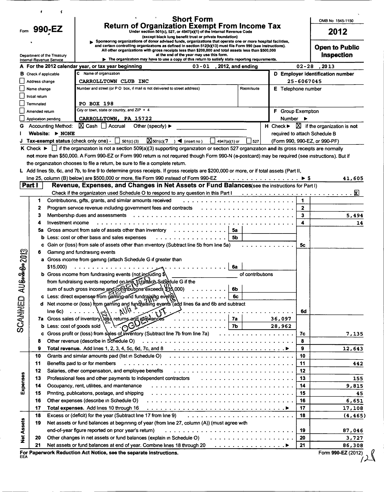 Image of first page of 2012 Form 990EO for Carrolltown Club