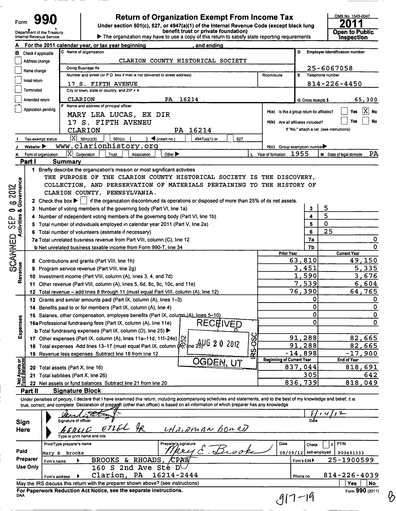 Image of first page of 2011 Form 990 for Clarion County Historical Society