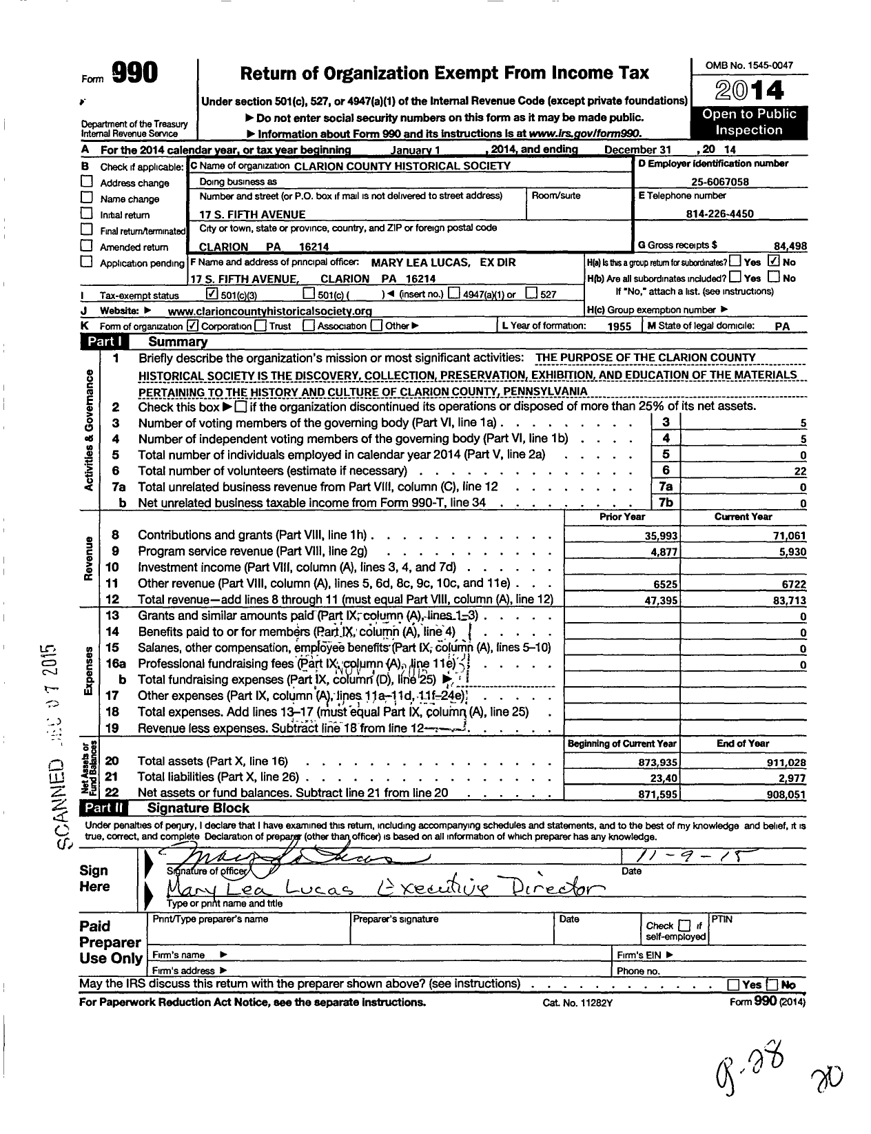 Image of first page of 2014 Form 990 for Clarion County Historical Society