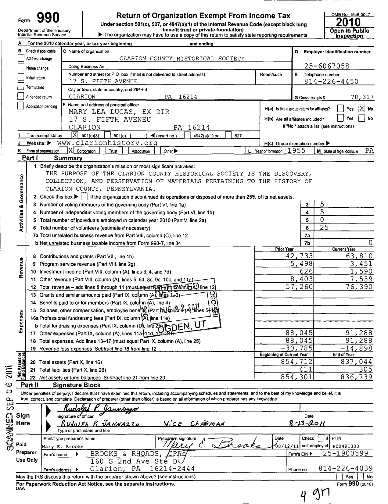 Image of first page of 2010 Form 990 for Clarion County Historical Society