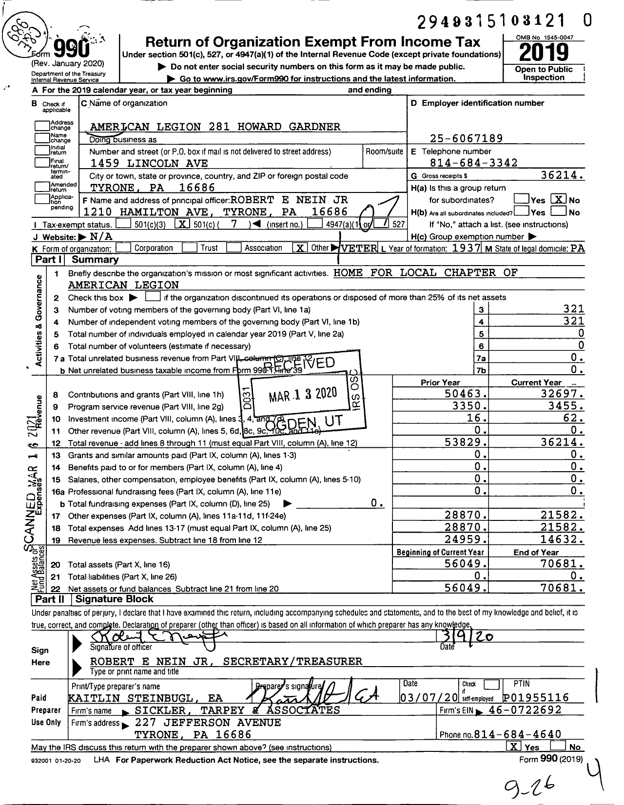 Image of first page of 2019 Form 990O for American Legion - 281 Howard Gardner