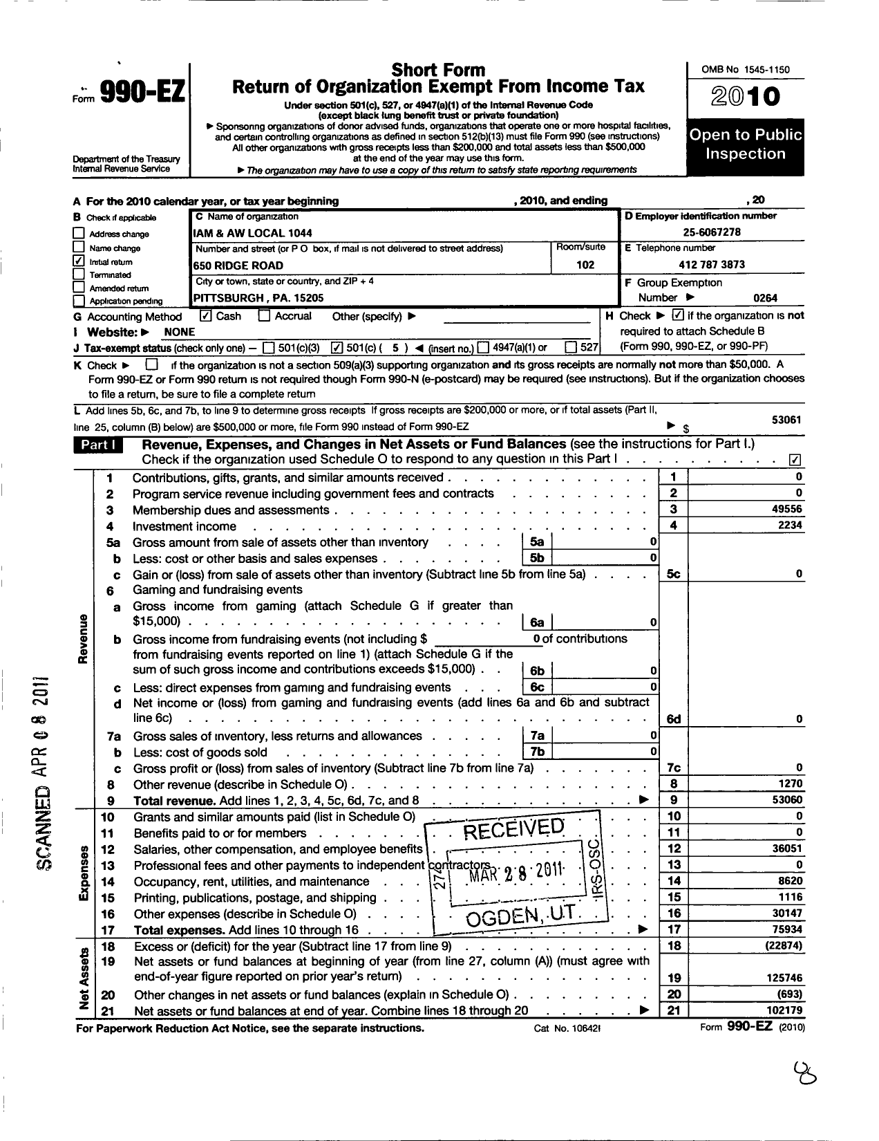 Image of first page of 2010 Form 990EO for International Association of Machinists and Aerospace Workers - 1044 Local Airman