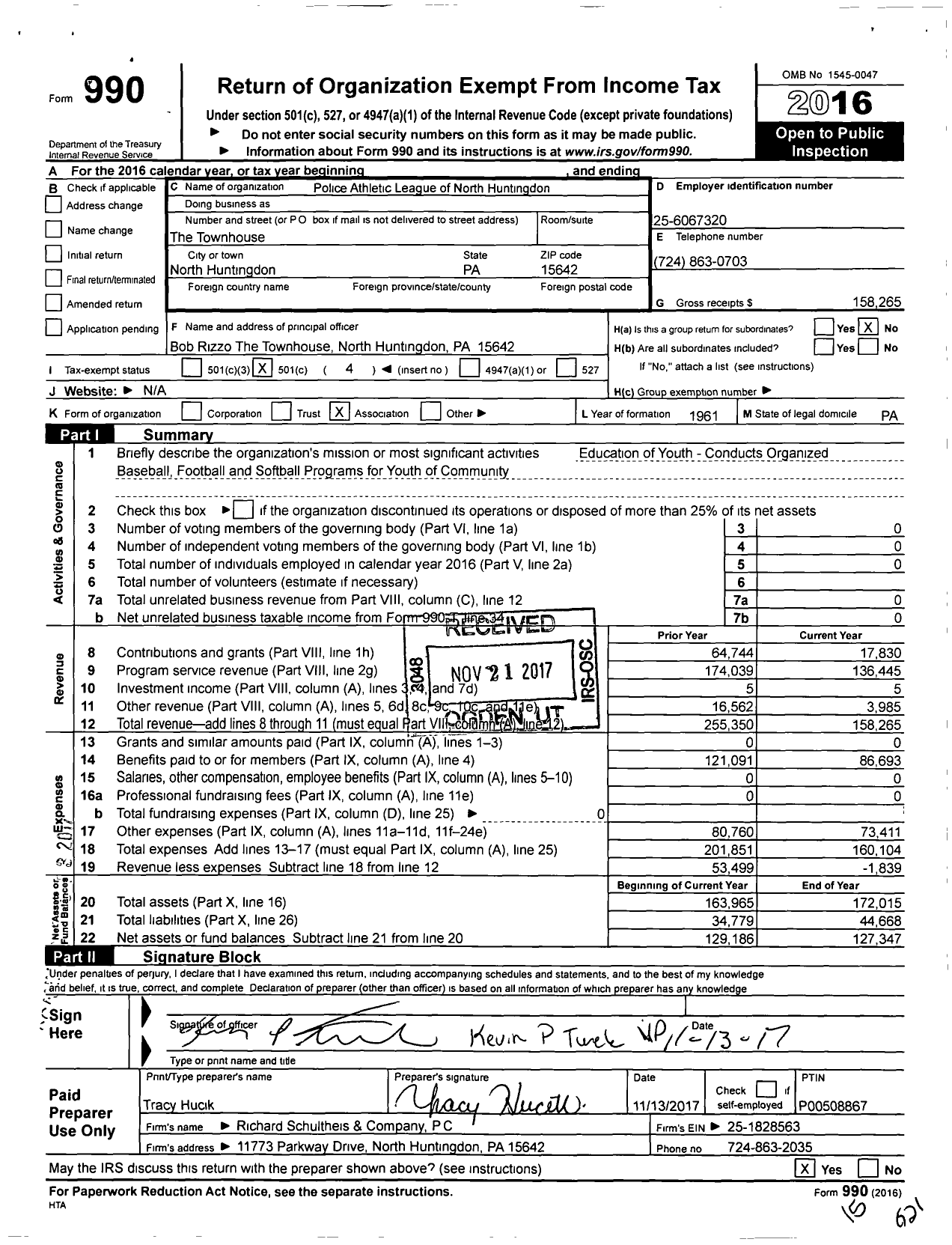 Image of first page of 2016 Form 990O for Police Athletic League of North Huntingdon