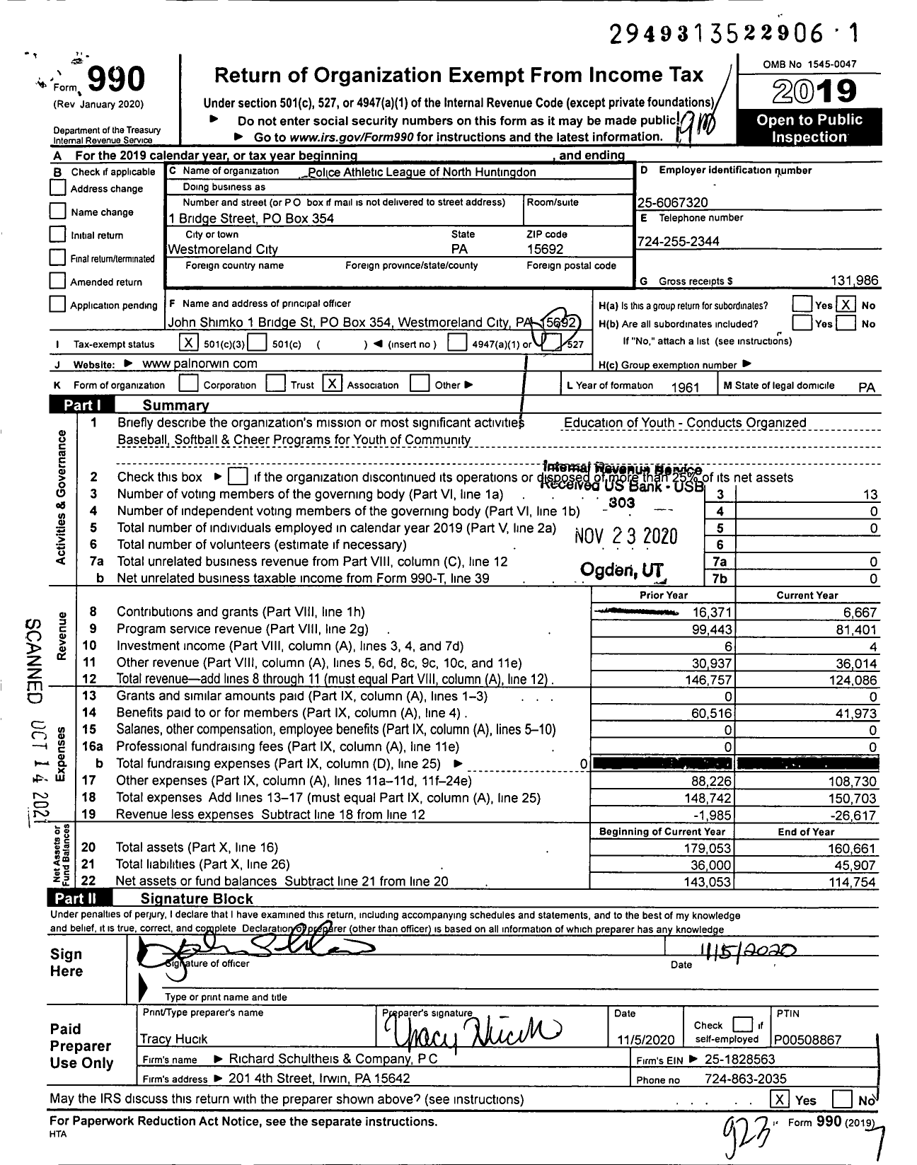 Image of first page of 2019 Form 990 for Police Athletic League of North Huntingdon