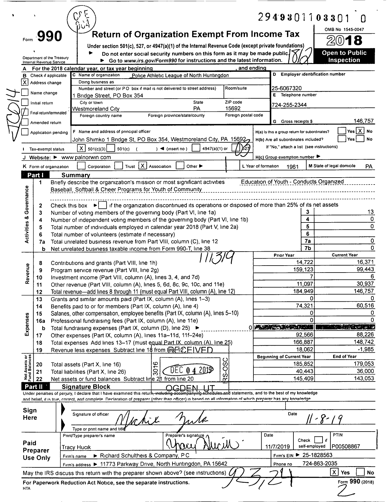 Image of first page of 2018 Form 990 for Police Athletic League of North Huntingdon