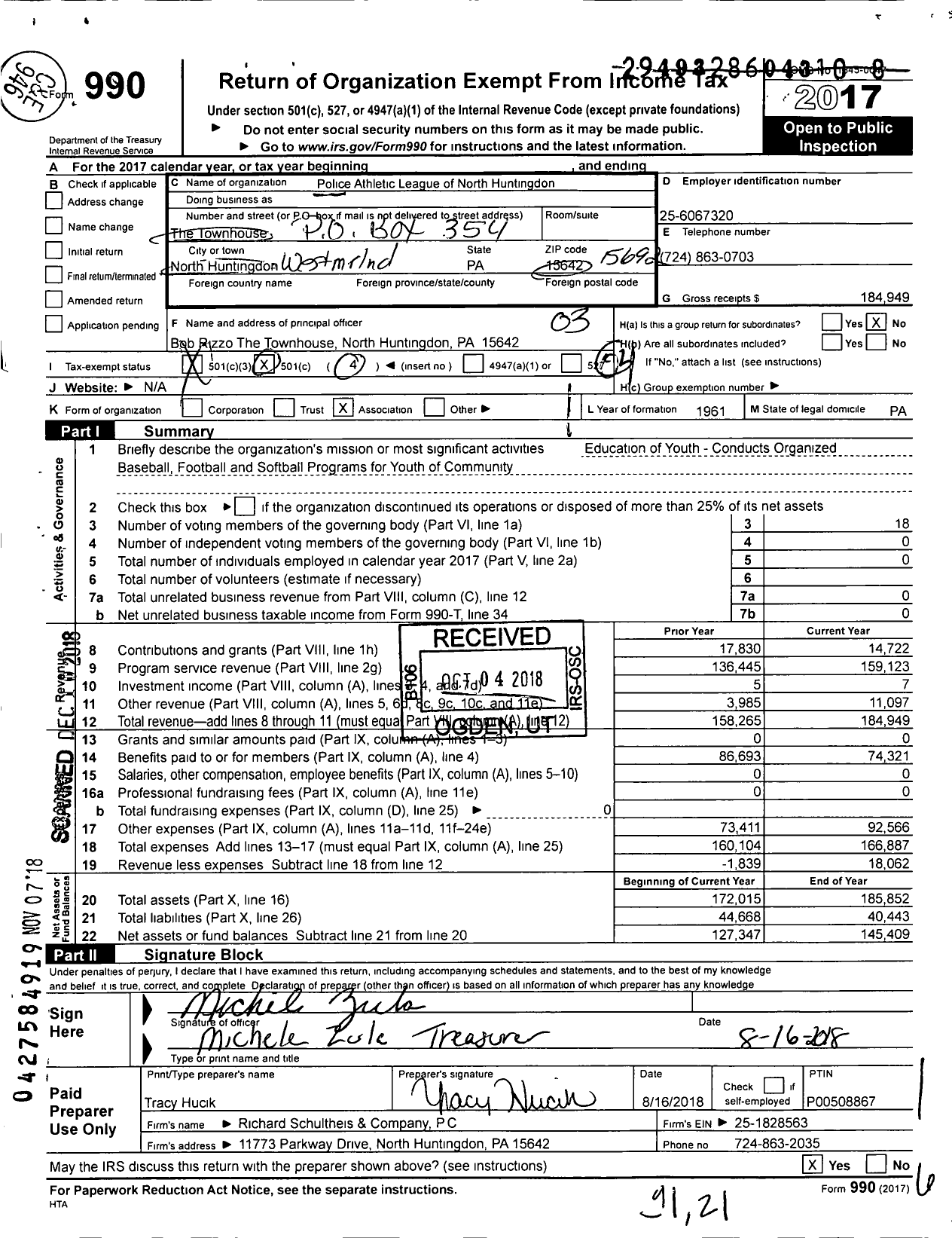 Image of first page of 2017 Form 990 for Police Athletic League of North Huntingdon