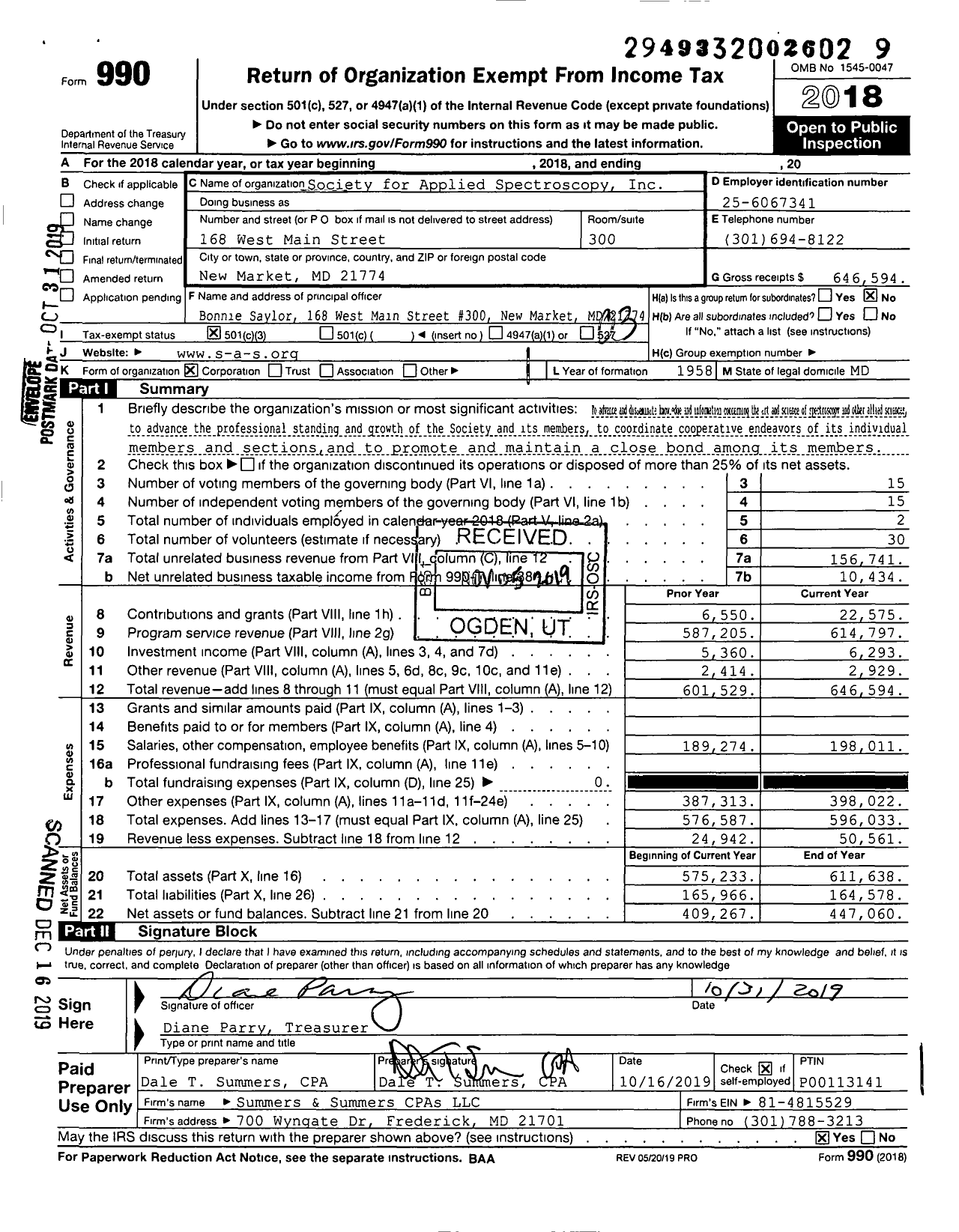 Image of first page of 2018 Form 990 for Society for Applied Spectroscopy (SAS)