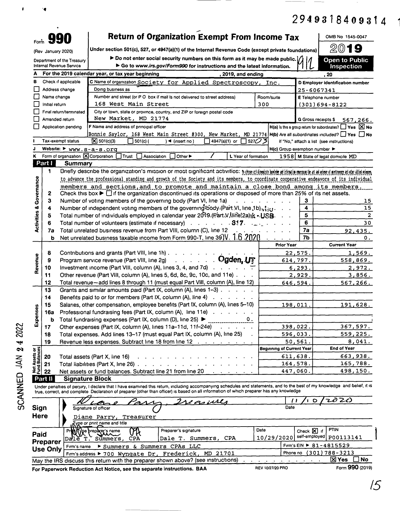 Image of first page of 2019 Form 990 for Society for Applied Spectroscopy (SAS)