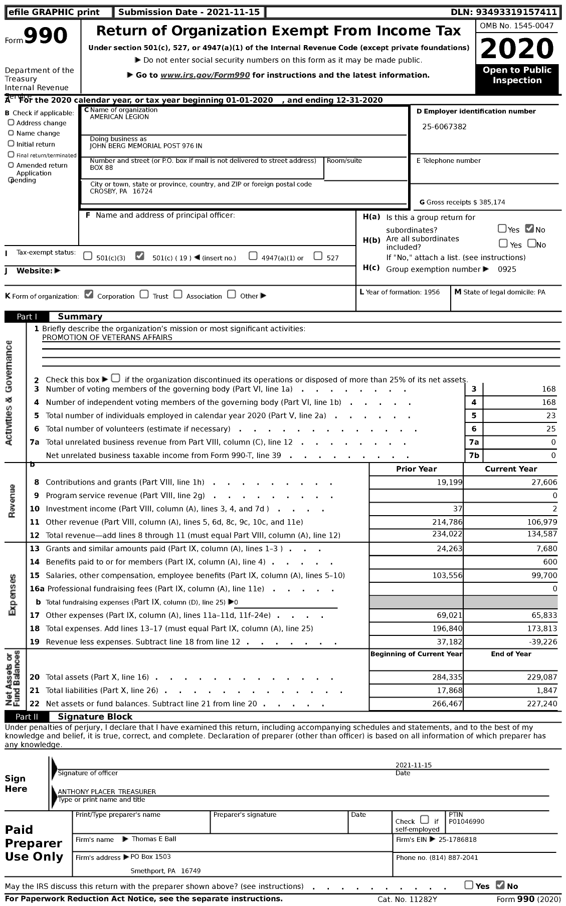 Image of first page of 2020 Form 990 for American Legion - John Berg Memorial Post 976 in