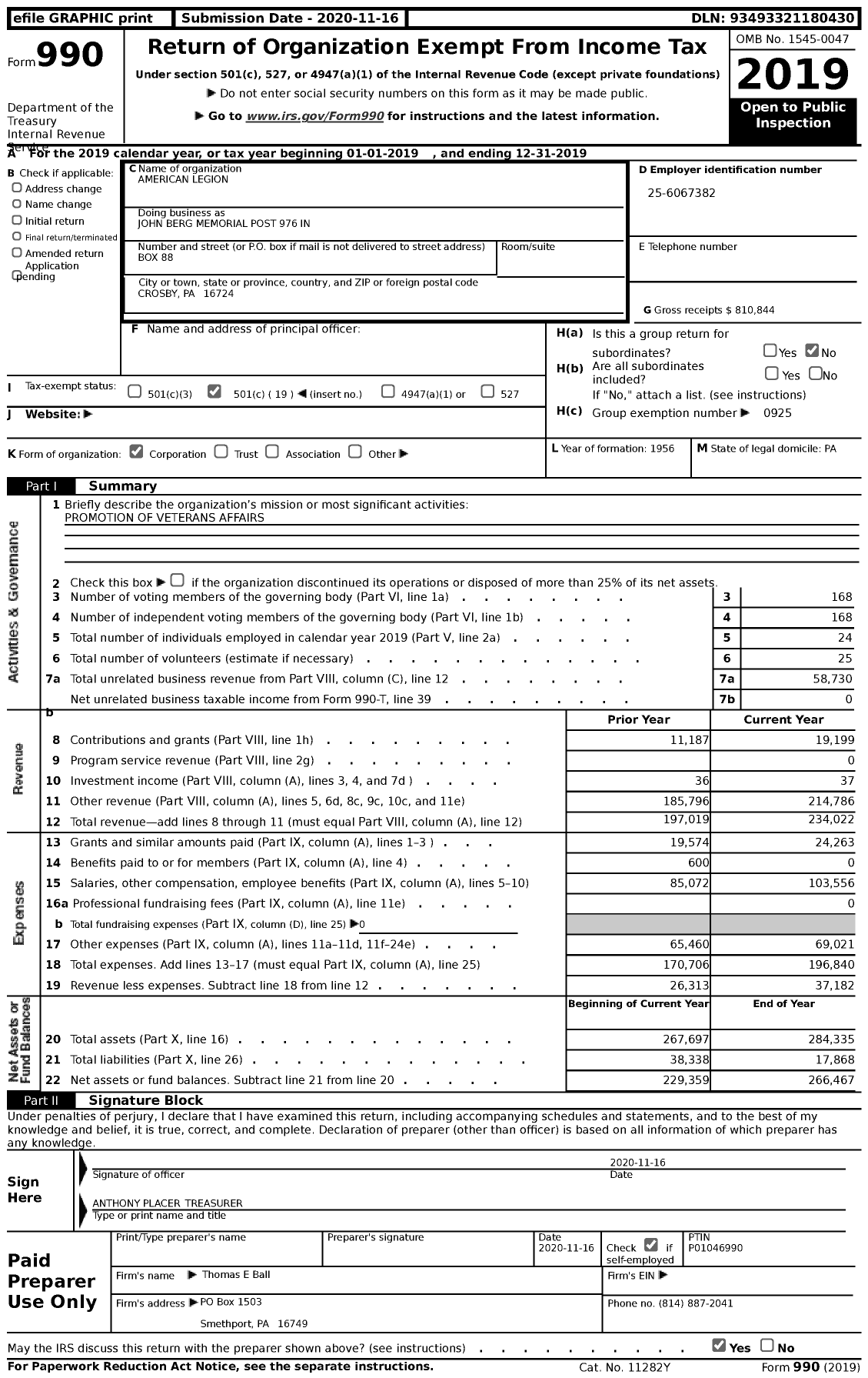 Image of first page of 2019 Form 990 for American Legion - John Berg Memorial Post 976 in