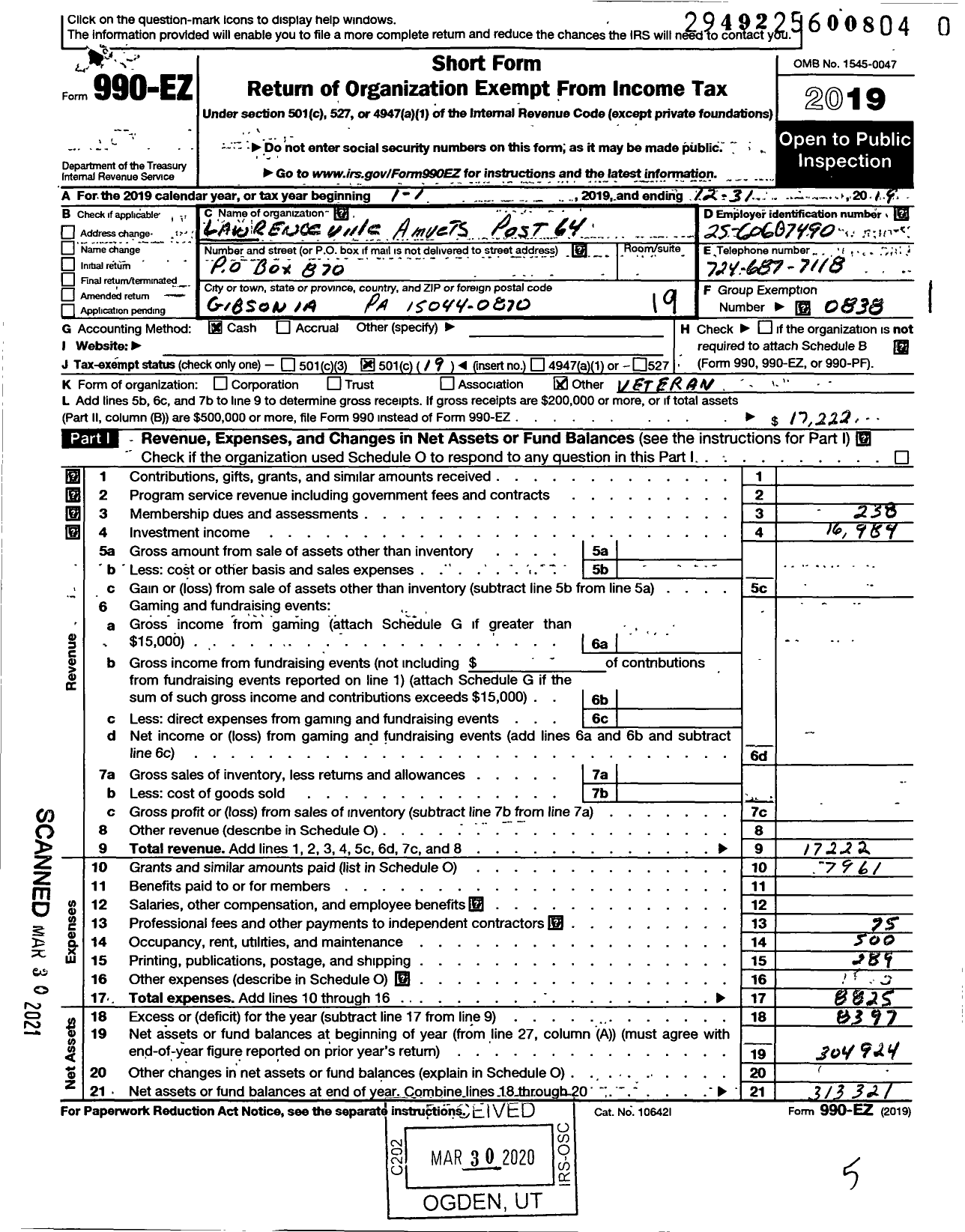 Image of first page of 2019 Form 990EO for Amvets - 0064 Pa