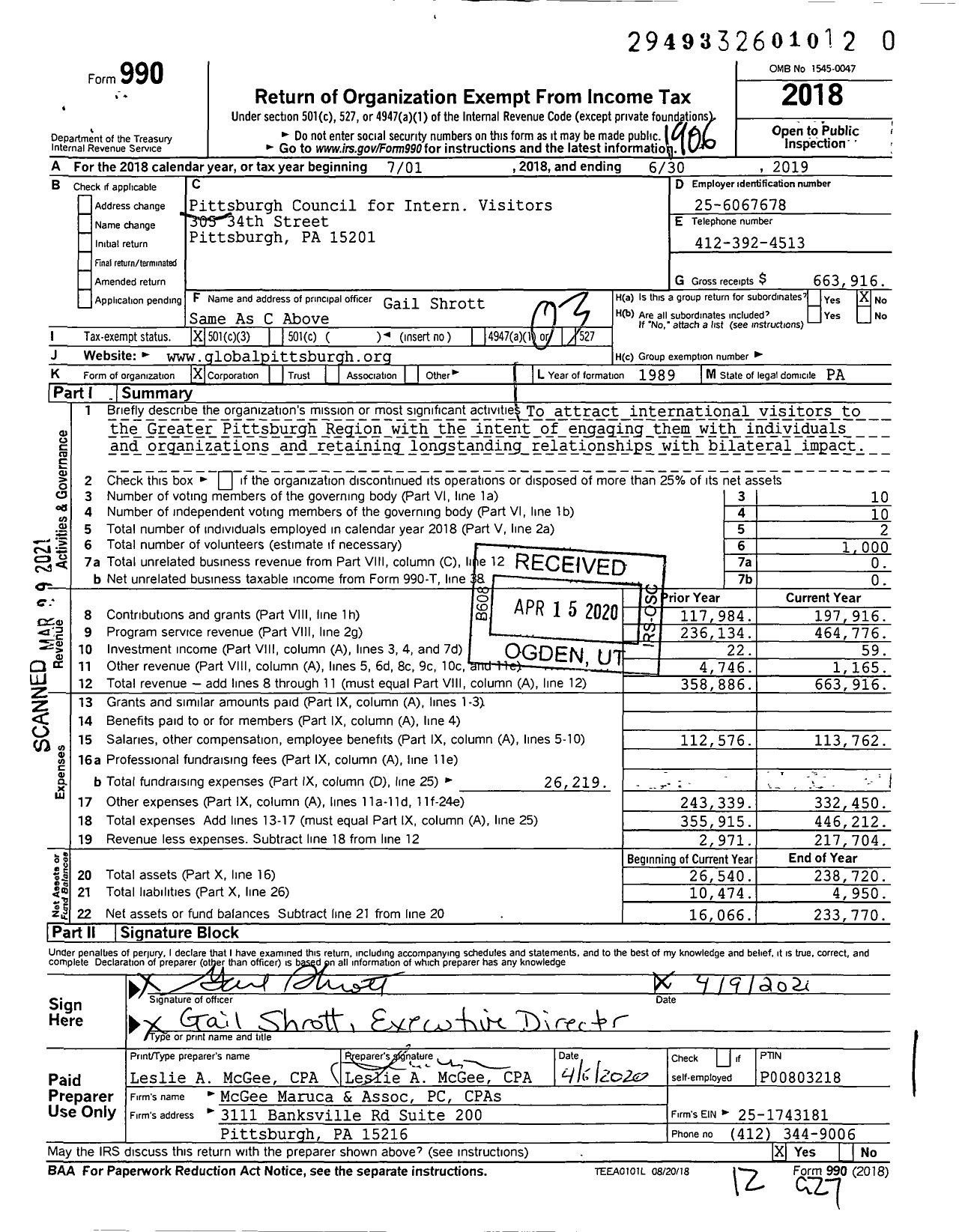 Image of first page of 2018 Form 990 for GlobalPittsburgh